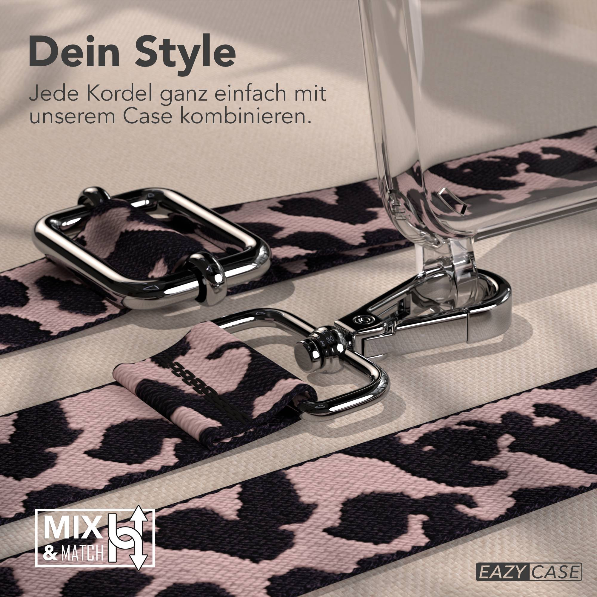 Ein pink-schwarzer Leo-Druckriemen mit silberner Hardware an einer klaren Handyhülle.