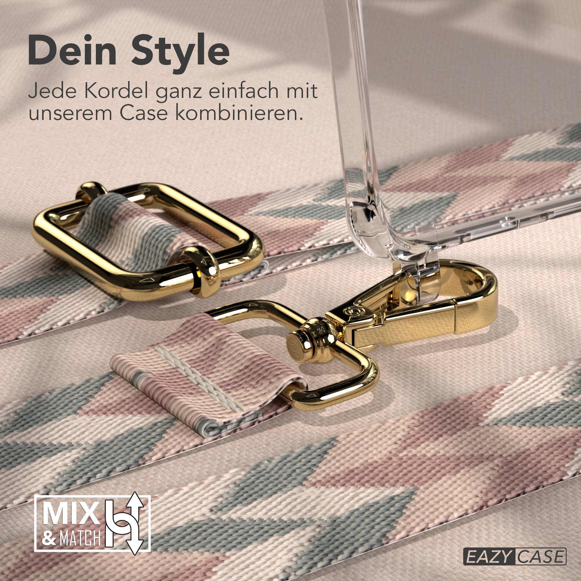 Nahaufnahme eines gemusterten Riemens mit goldener Hardware, befestigt an einer Hülle.
