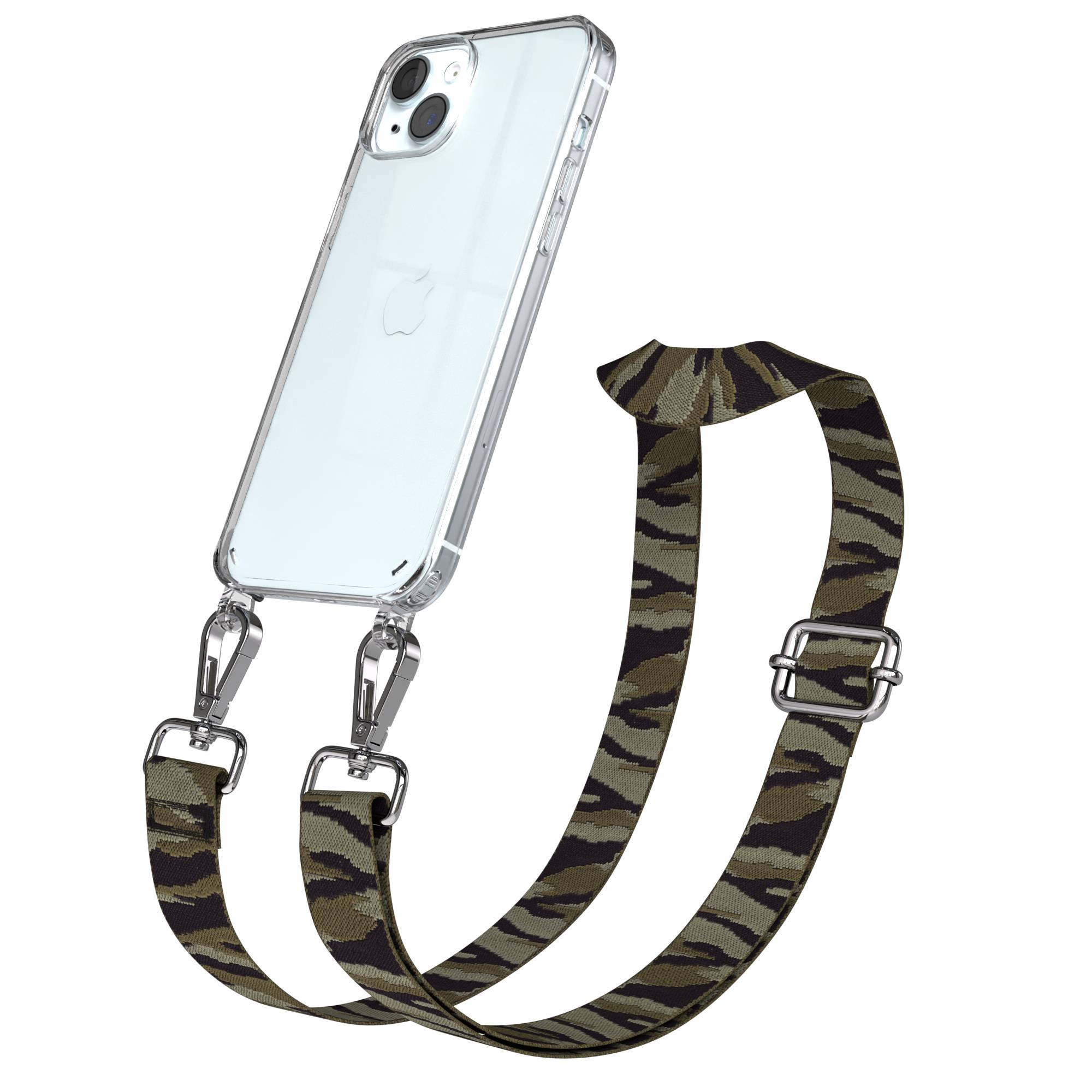 Klare Handyhülle mit camouflagefarbenem Riemen, befestigt mit silbernen Clips.
