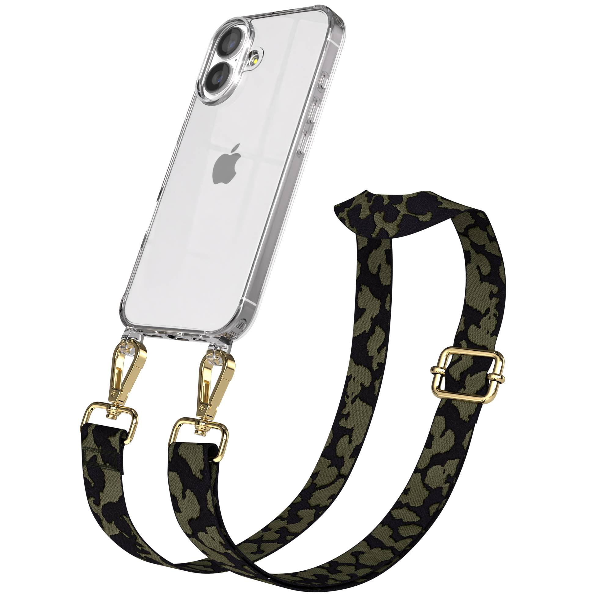 Transparente iPhone-Hülle mit camouflagefarbenem Riemen, befestigt mit goldenen Clips.