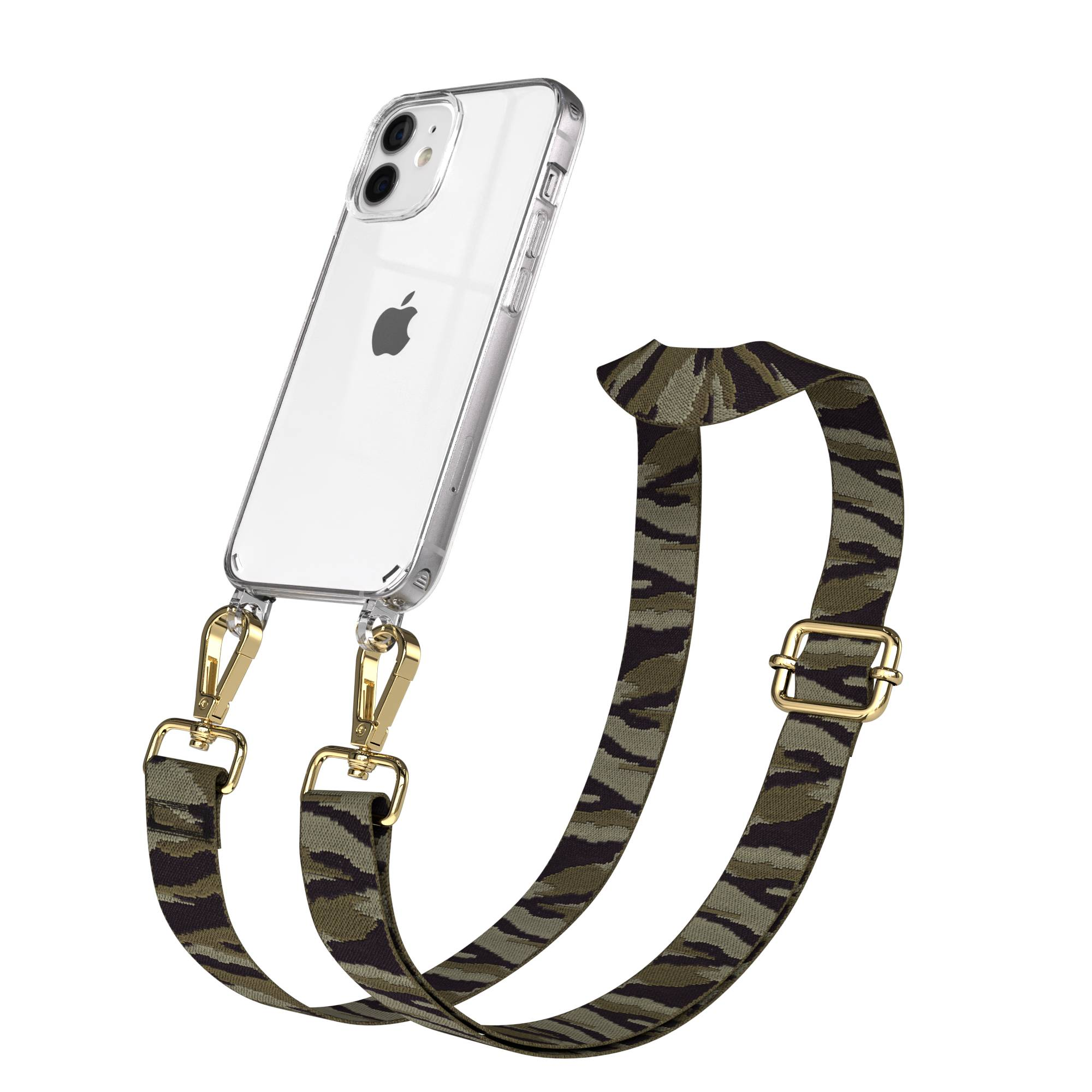 Ein transparentes iPhone mit Tarnriemen und goldenen Clips, auf weißem Hintergrund.