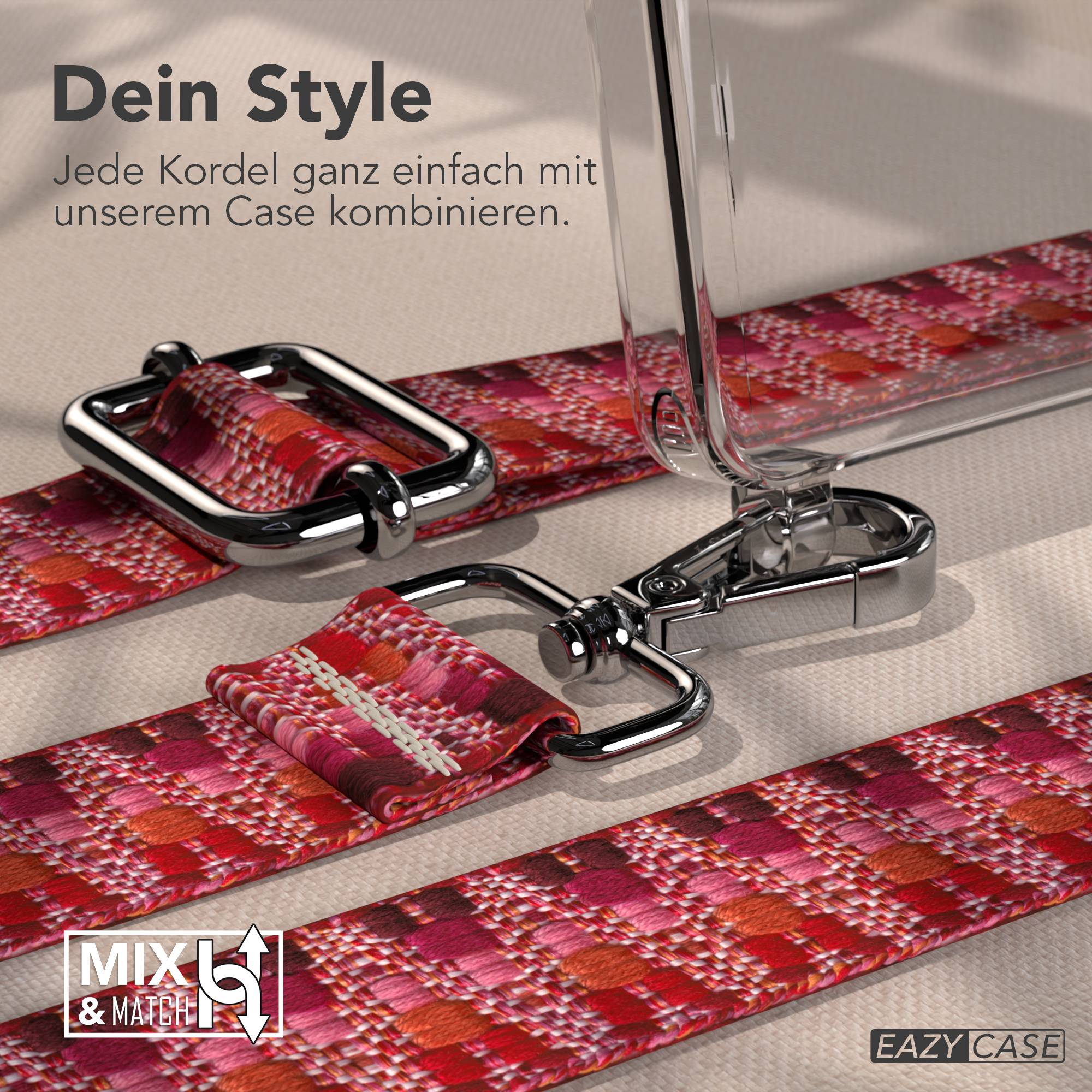 Nahaufnahme eines rot, pink und orange gemusterten Riemens mit Chrom-Schließen für eine Handyhülle.