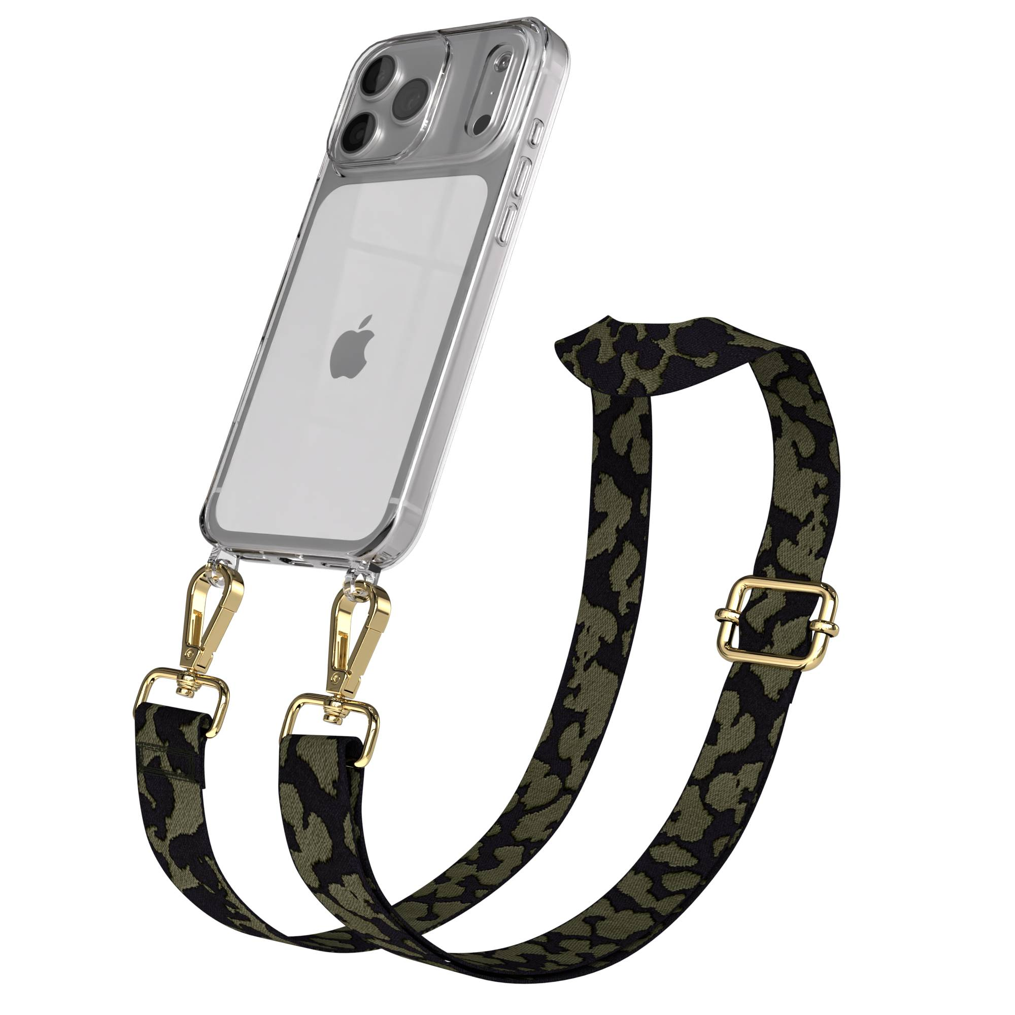 Ein iPhone in einer transparenten Hülle mit einem Camouflage-Trageriemen und goldenen Beschlägen.