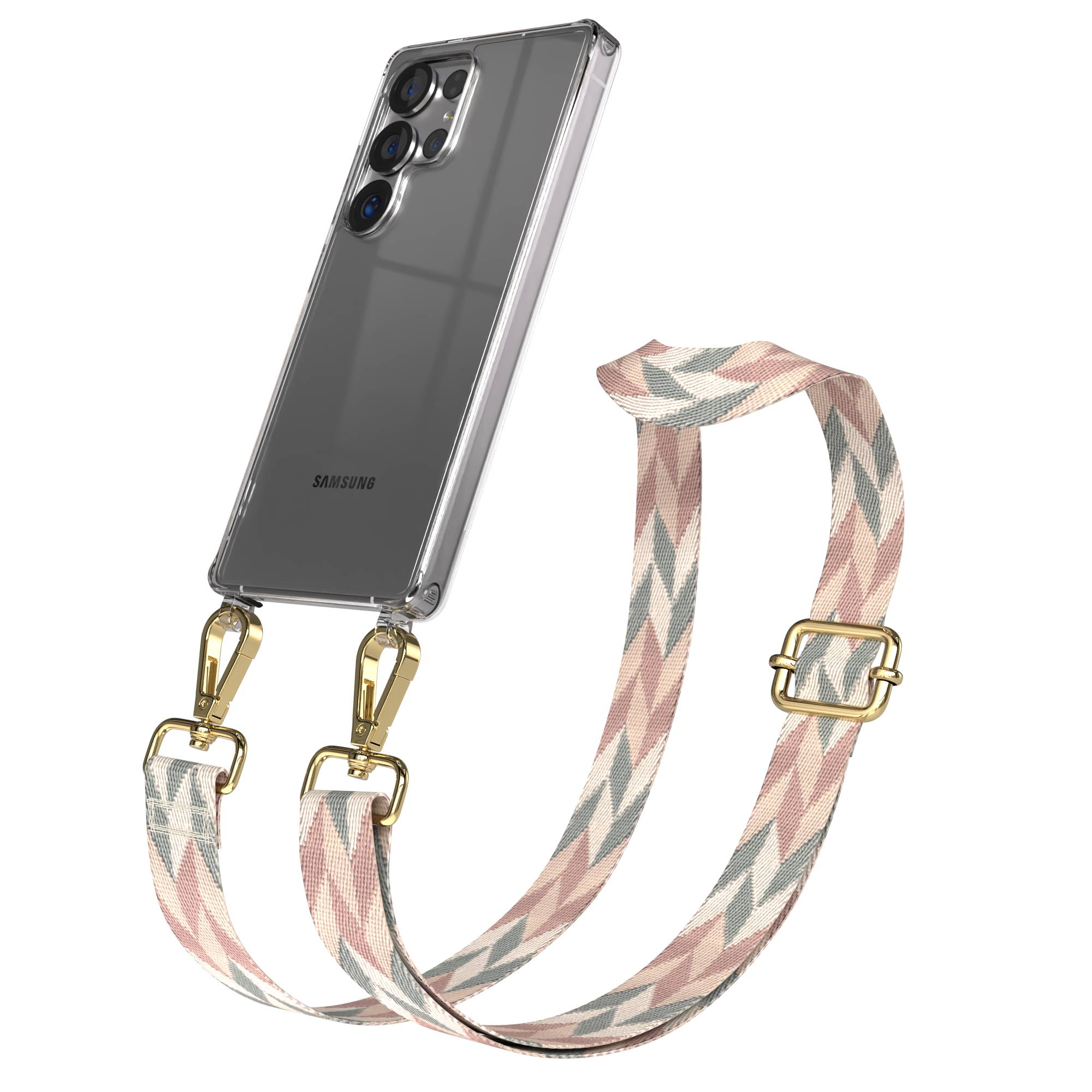 Ein transparentes Samsung-Handy mit einer Kamera und einem gemusterten Gurt.