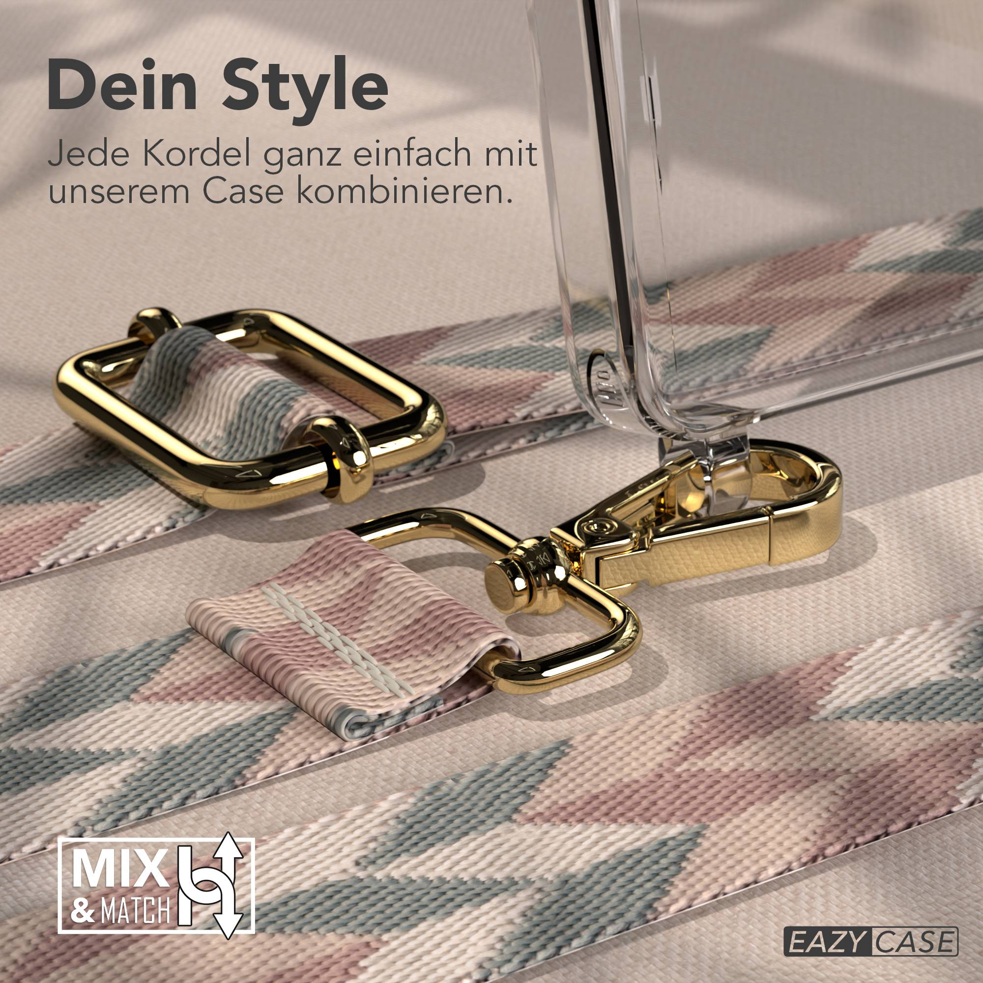 Goldener Karabinerverschluss an einem gemusterten Band für Handyhüllen.