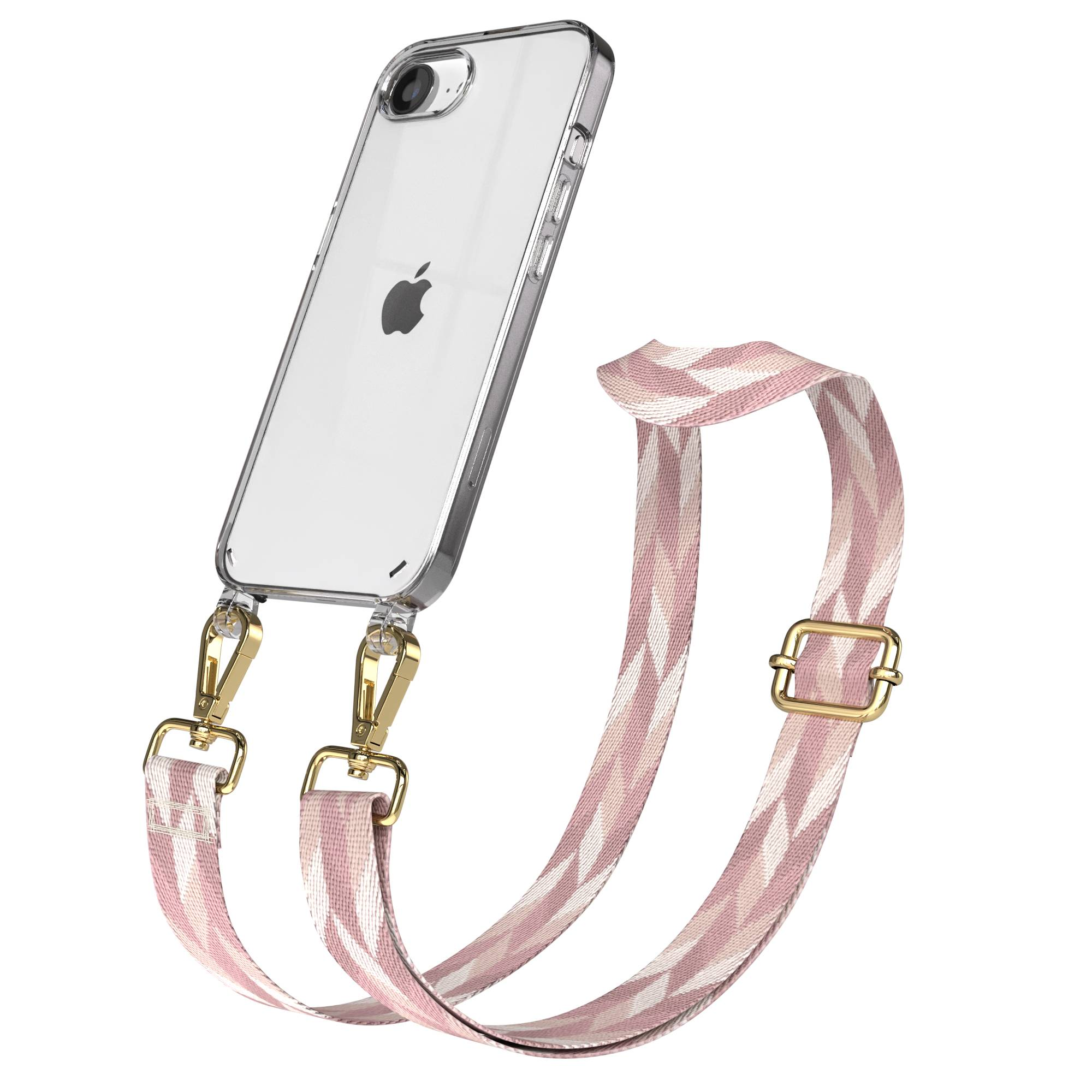 Ein transparentes iPhone-Etui mit pink-weißem Tragegurt und goldenen Schnallen.
