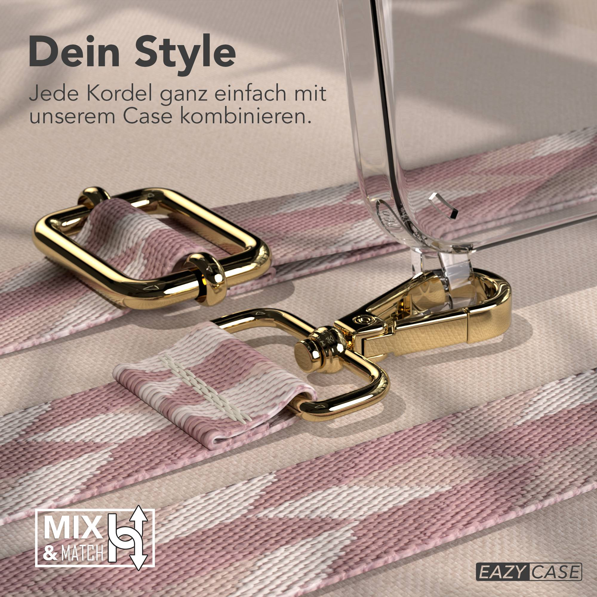 Ein pink-weiß gestreiftes Band mit goldenen Schnallen und einem transparenten Case.