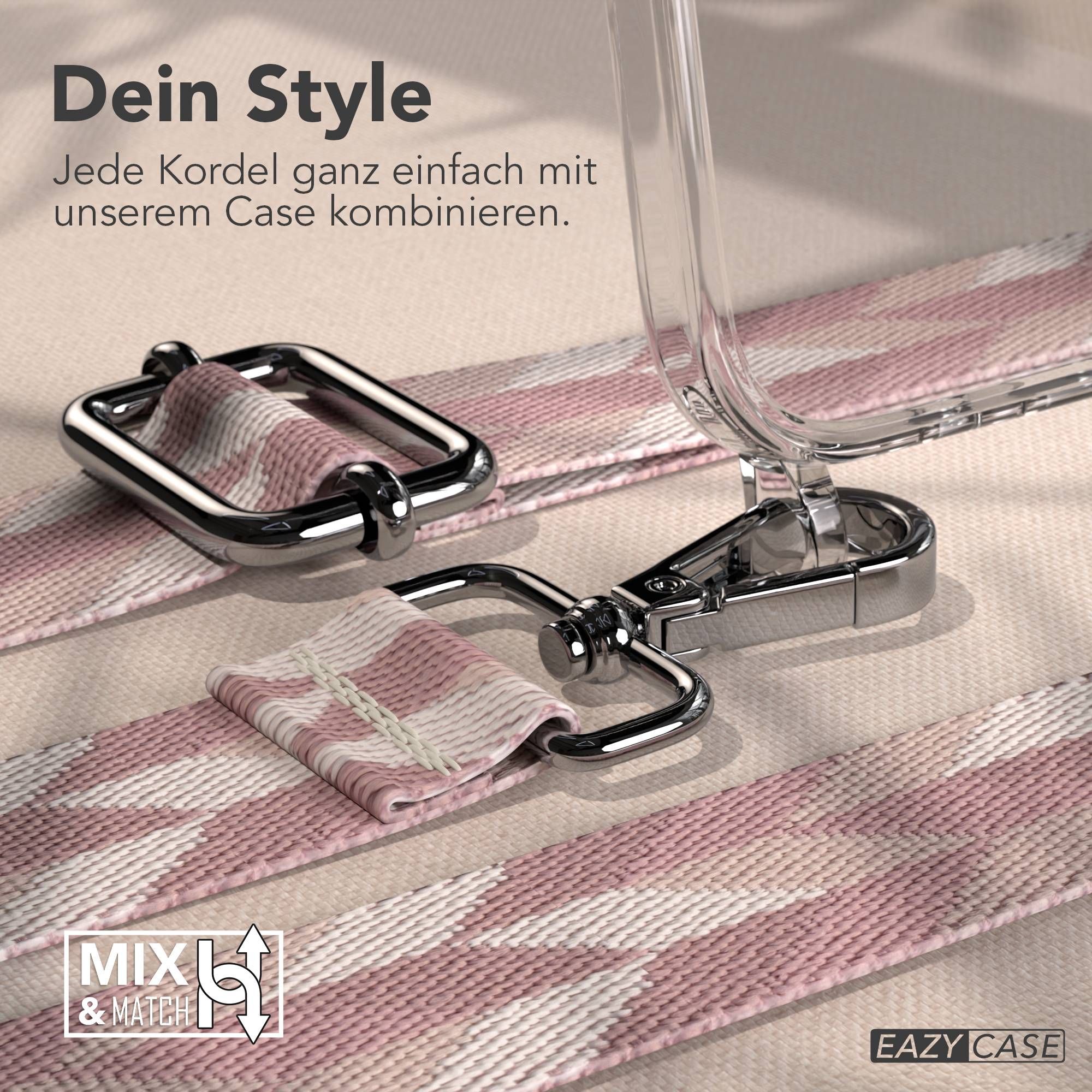 Eine durchsichtige Handyhülle mit einem rosa-weiß gemusterten Band und Metallclips.
