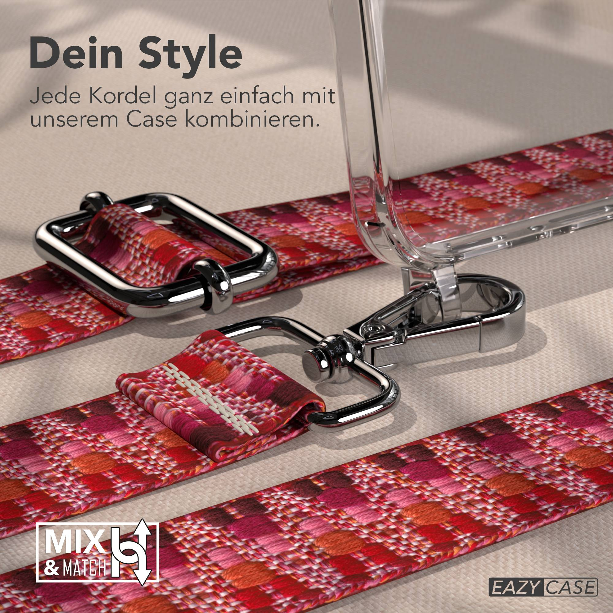 Ein rot, pink und orange gemustertes Band mit silbernem Verschluss ist an einer klaren Handyhülle befestigt.