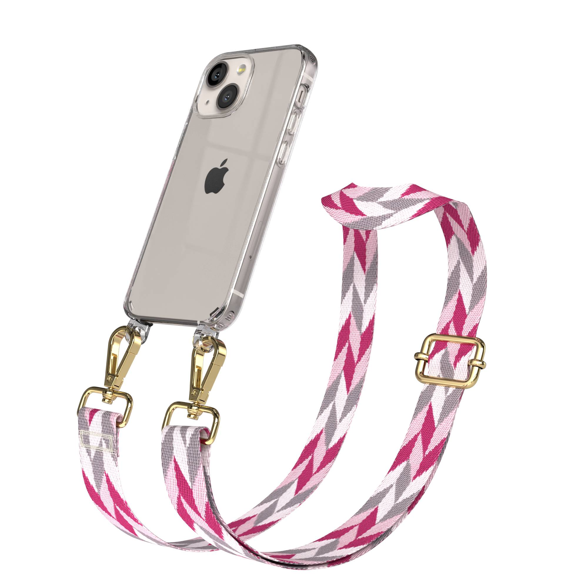 Ein transparentes iPhone-Gehäuse mit einem pink-grauen Zickzack-Trageriemen und goldenen Schnallen.