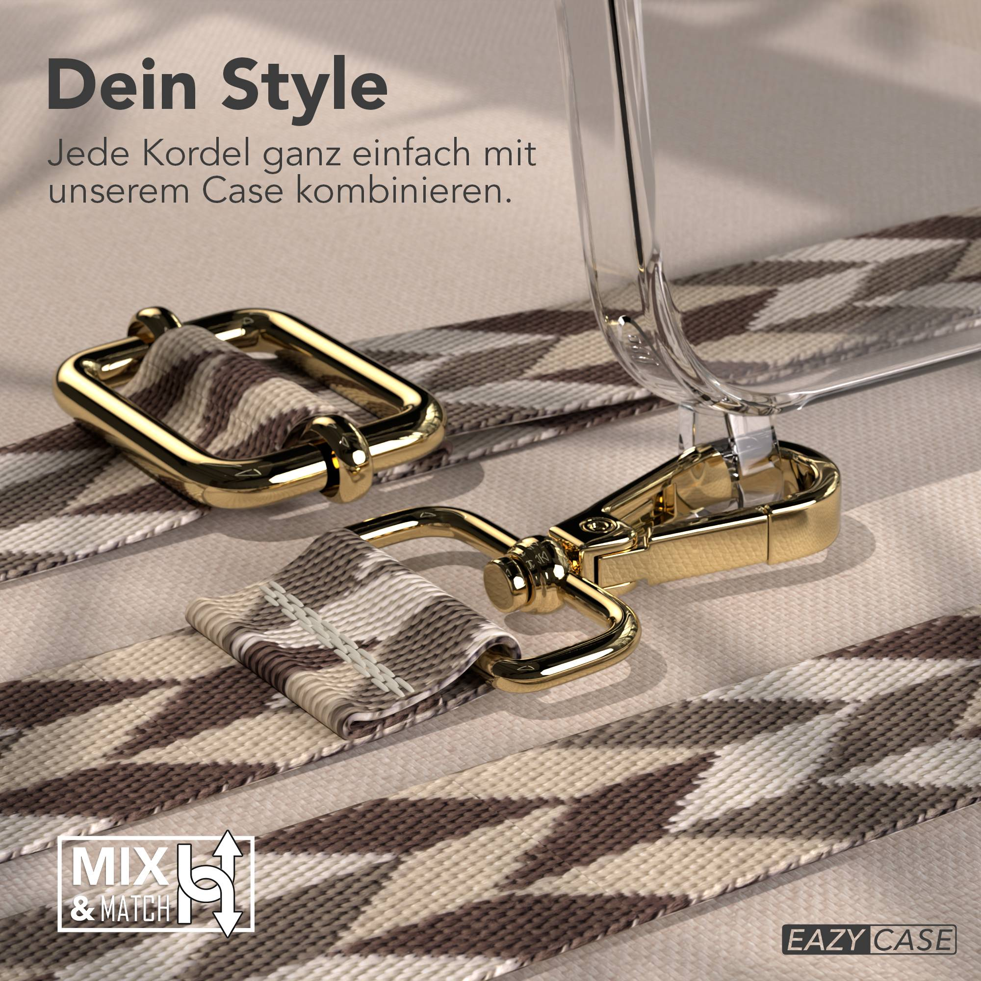 Goldene Verschlüsse an einem gemusterten Riemen befestigt an einer Hülle. Mix & Match.