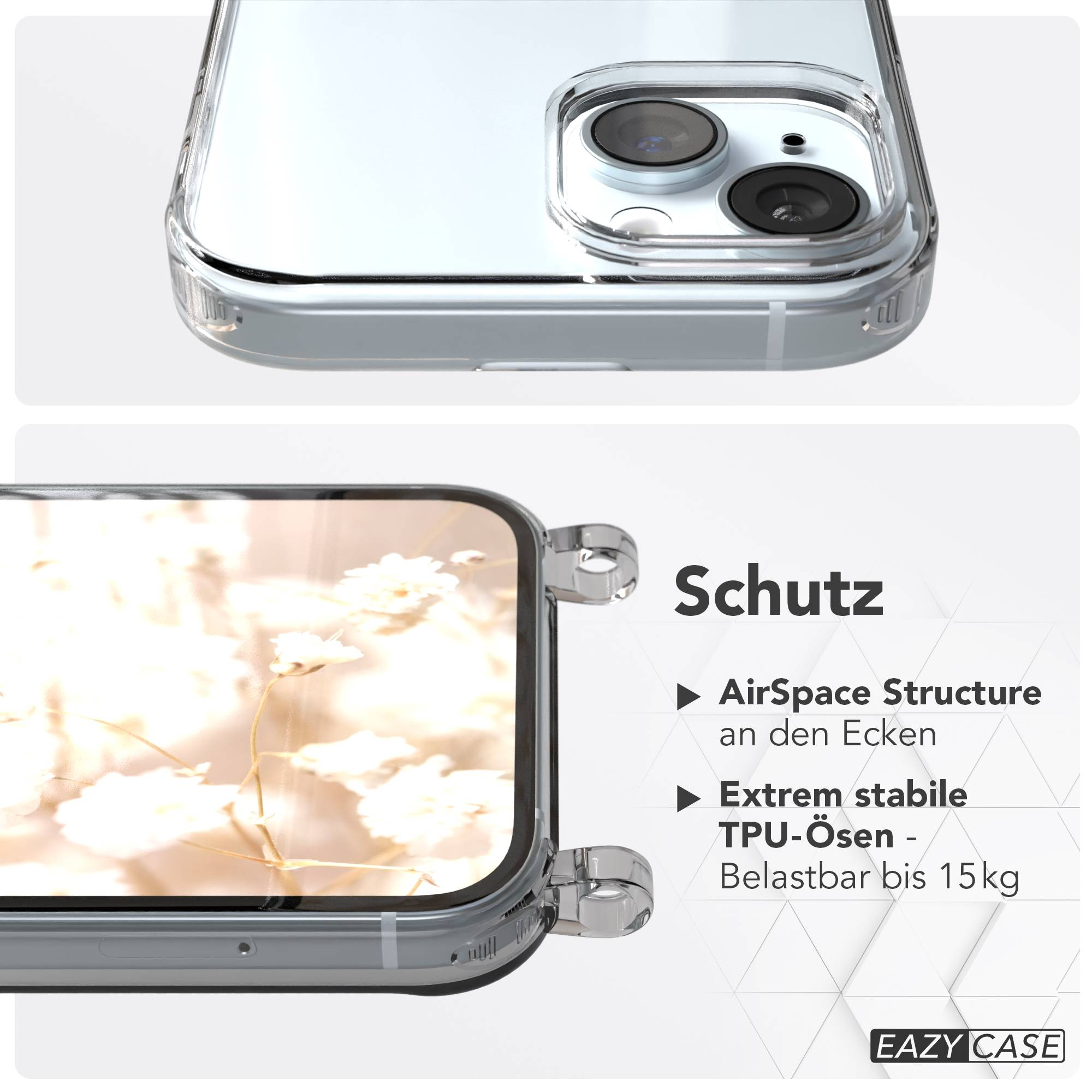 Klare Handyhülle mit Kameraschutz. Text: Schutz, AirSpace Structure, extrem stabile TPU-Ösen.