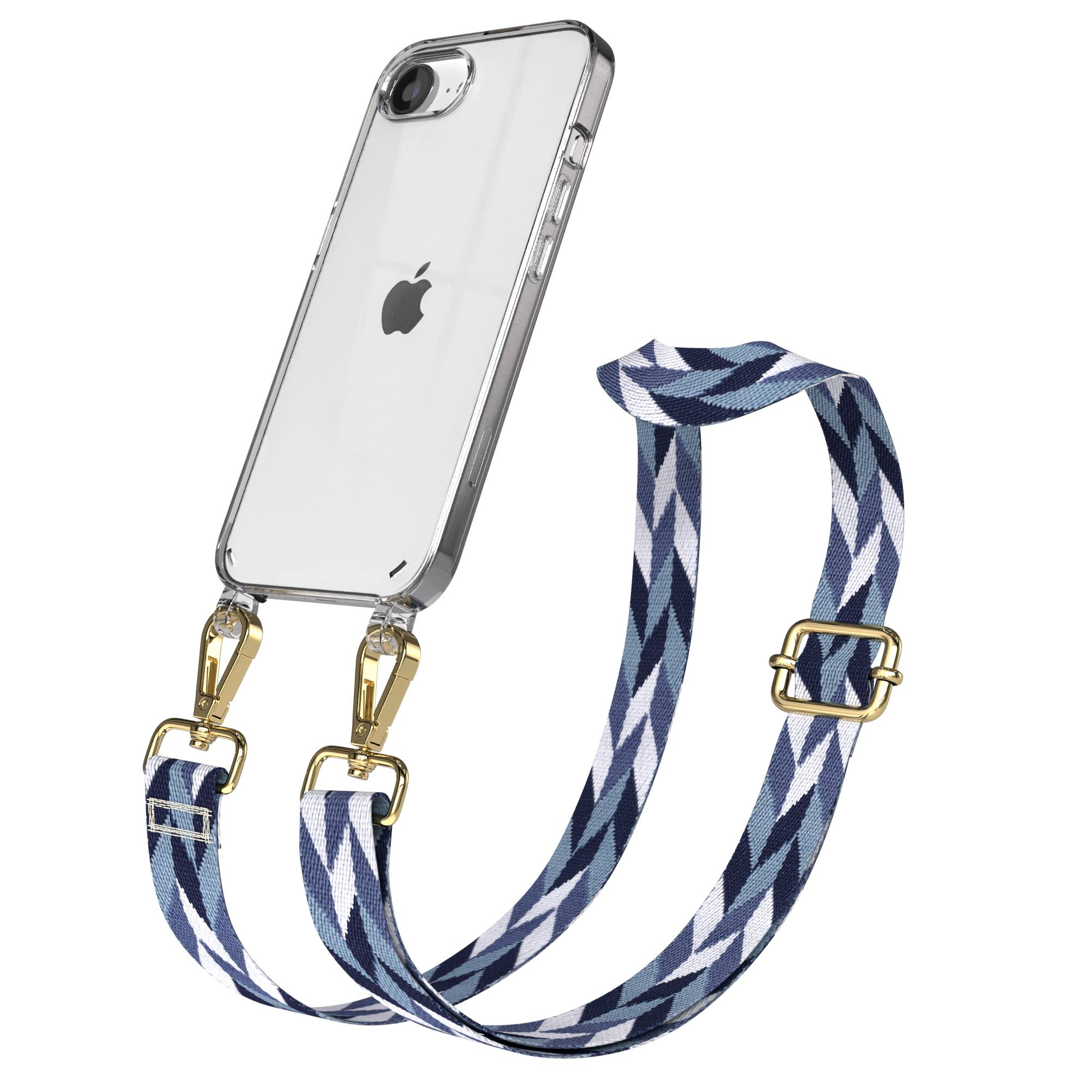 Ein klares iPhone mit einem blauen und weißen Riemen, der daran befestigt ist.