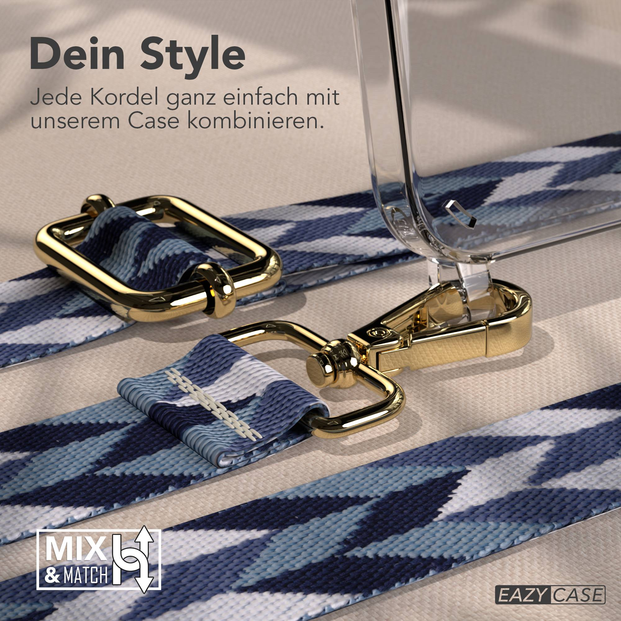 Eine klare Handyhülle mit blau-weiß gemustertem Gurt und goldener Hardware.