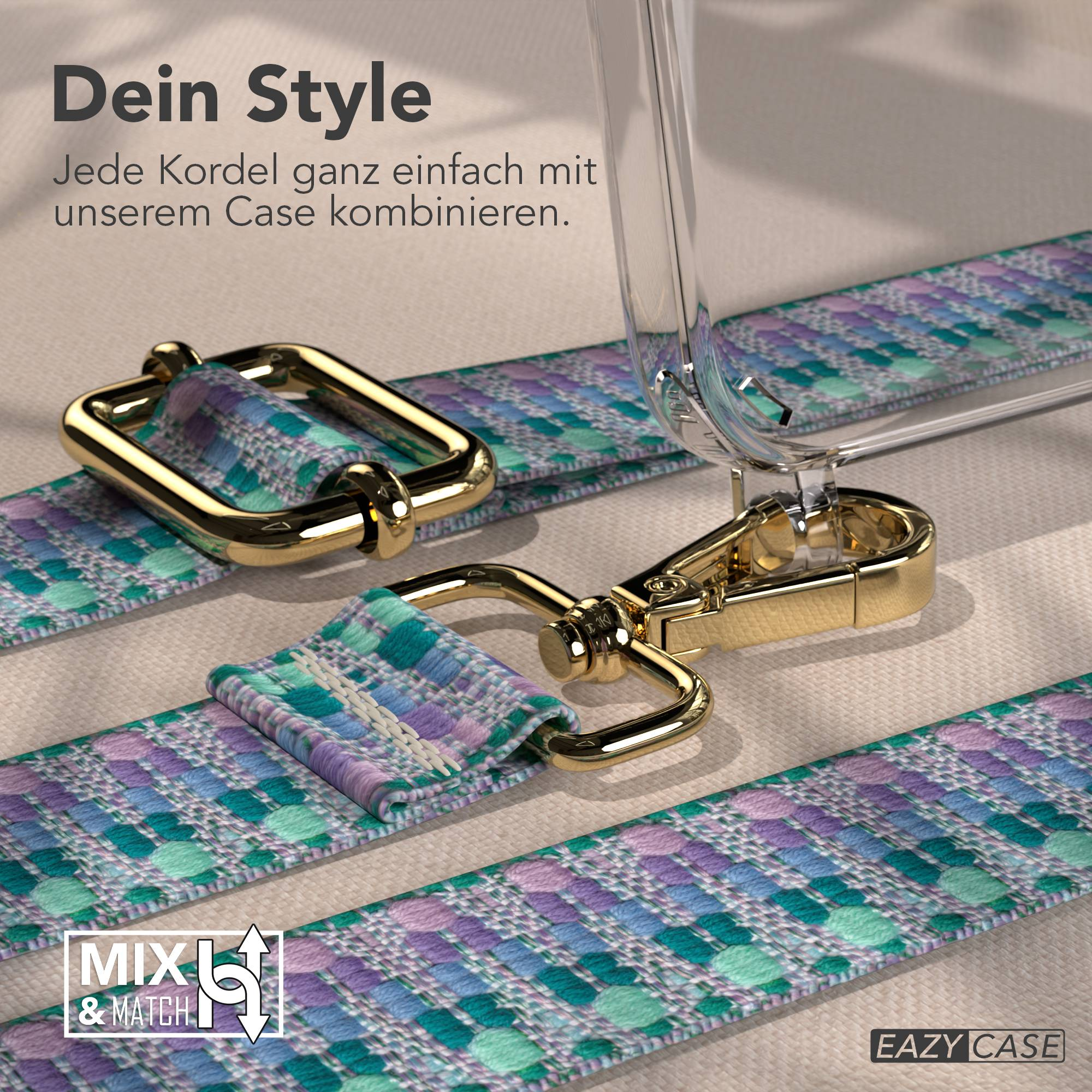 Ein gemustertes Band mit goldenen Schnallen und einem transparenten Handyhüllen-Detail.