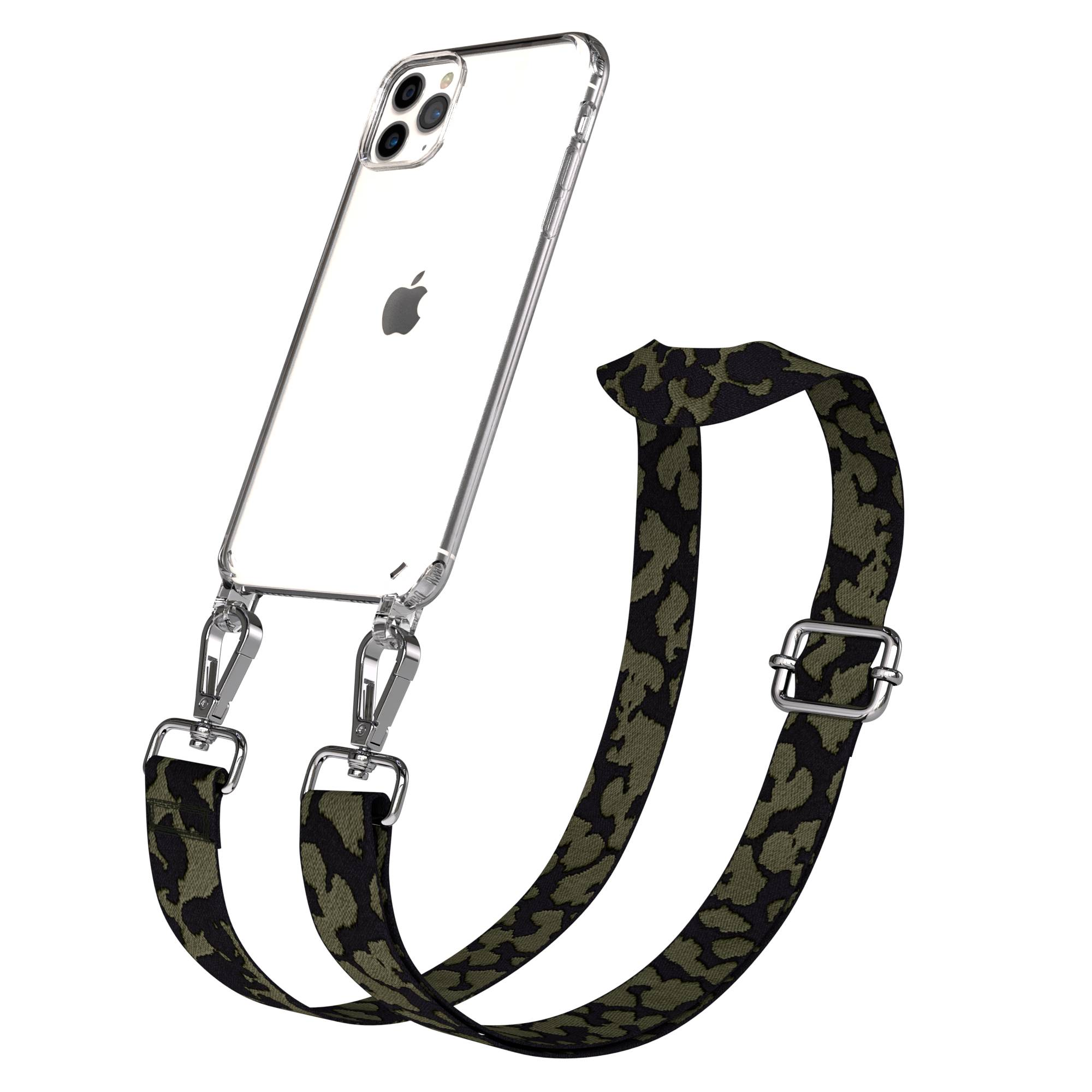 Ein durchsichtiges iPhone mit einem Tarnmuster-Trageriemen