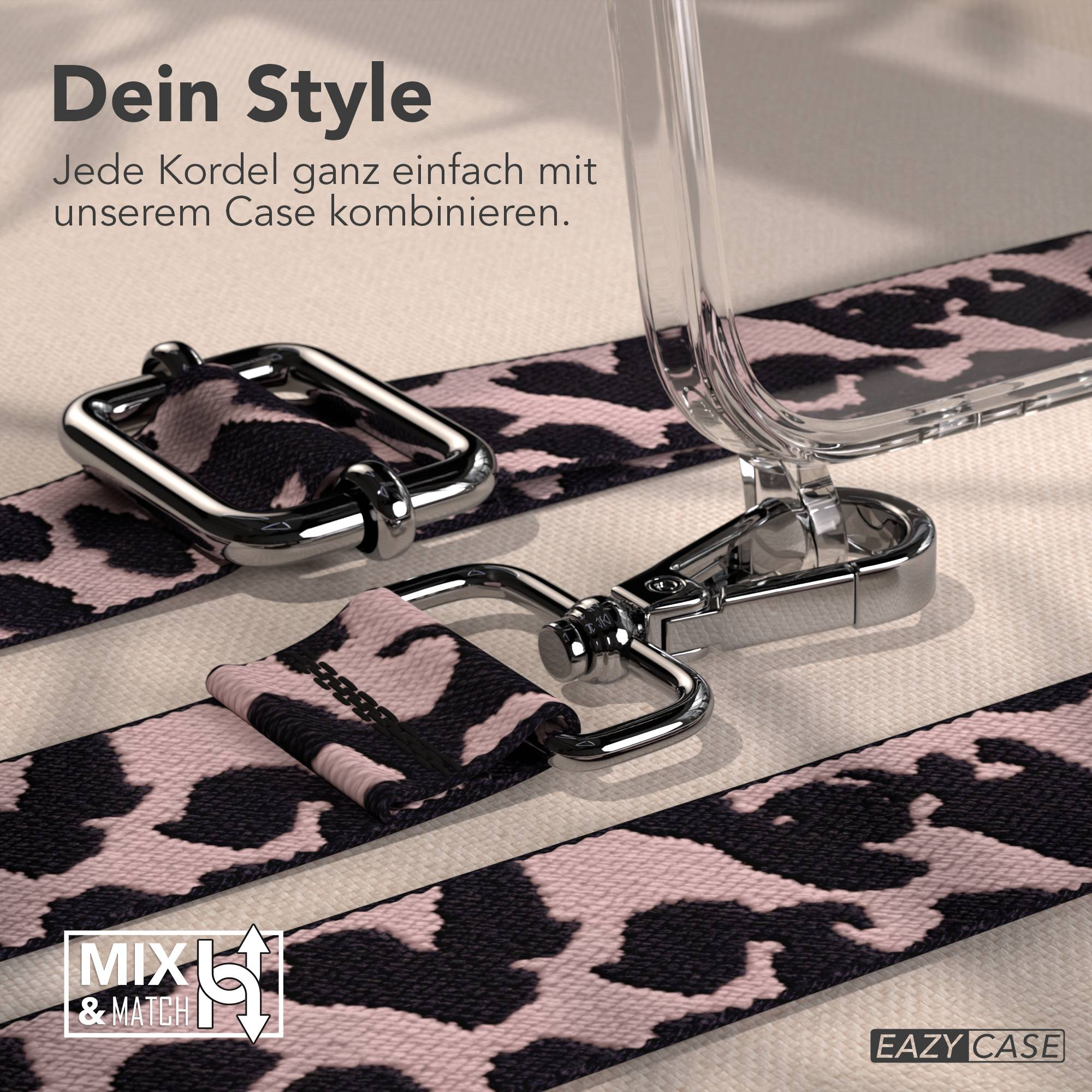Ein Leopardenmuster-Gurt mit Metallclips und einem klaren Handyhüllenrand.