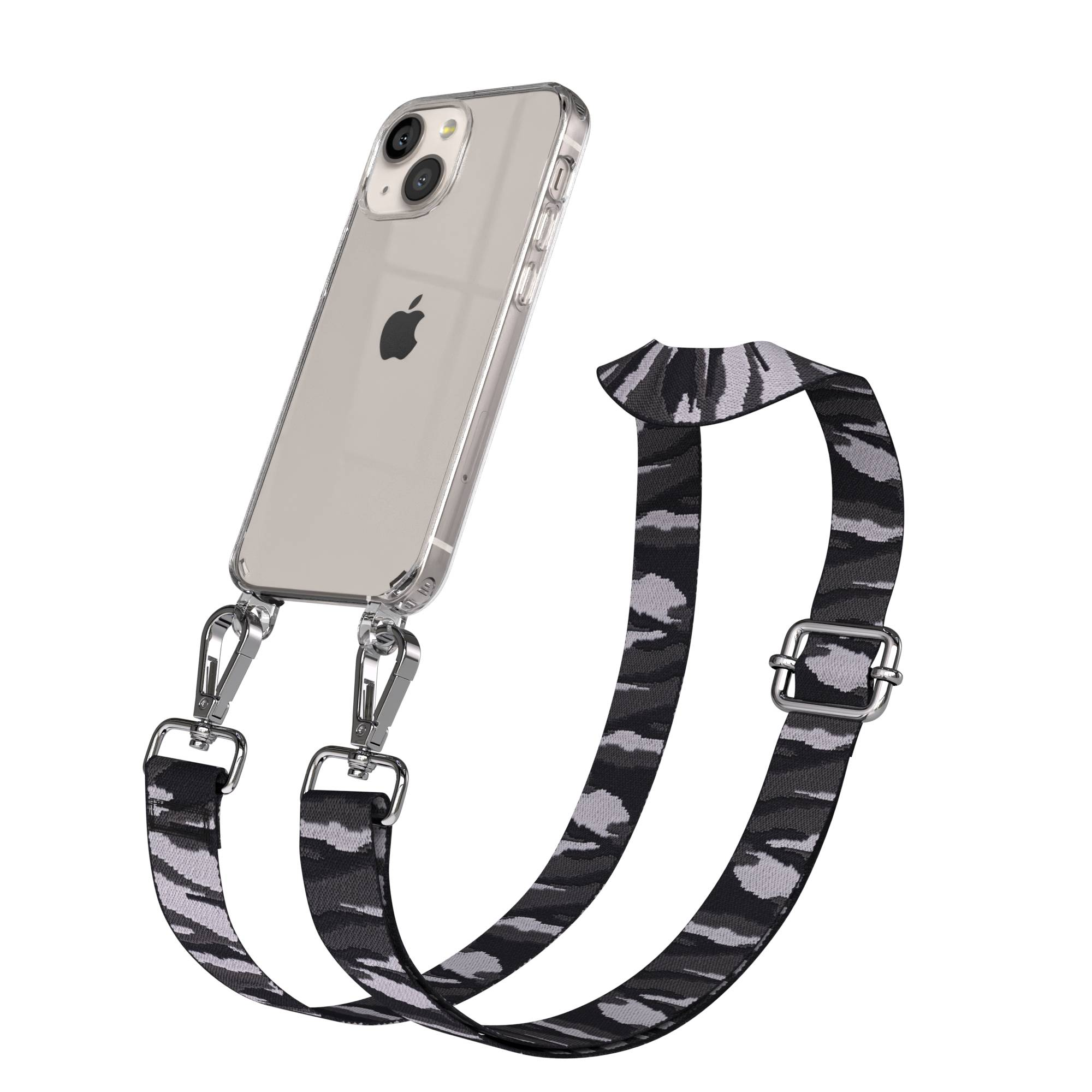 Ein klares iPhone mit einem Tarnmuster-Tragegurt, der mit Metallkarabinern befestigt ist.