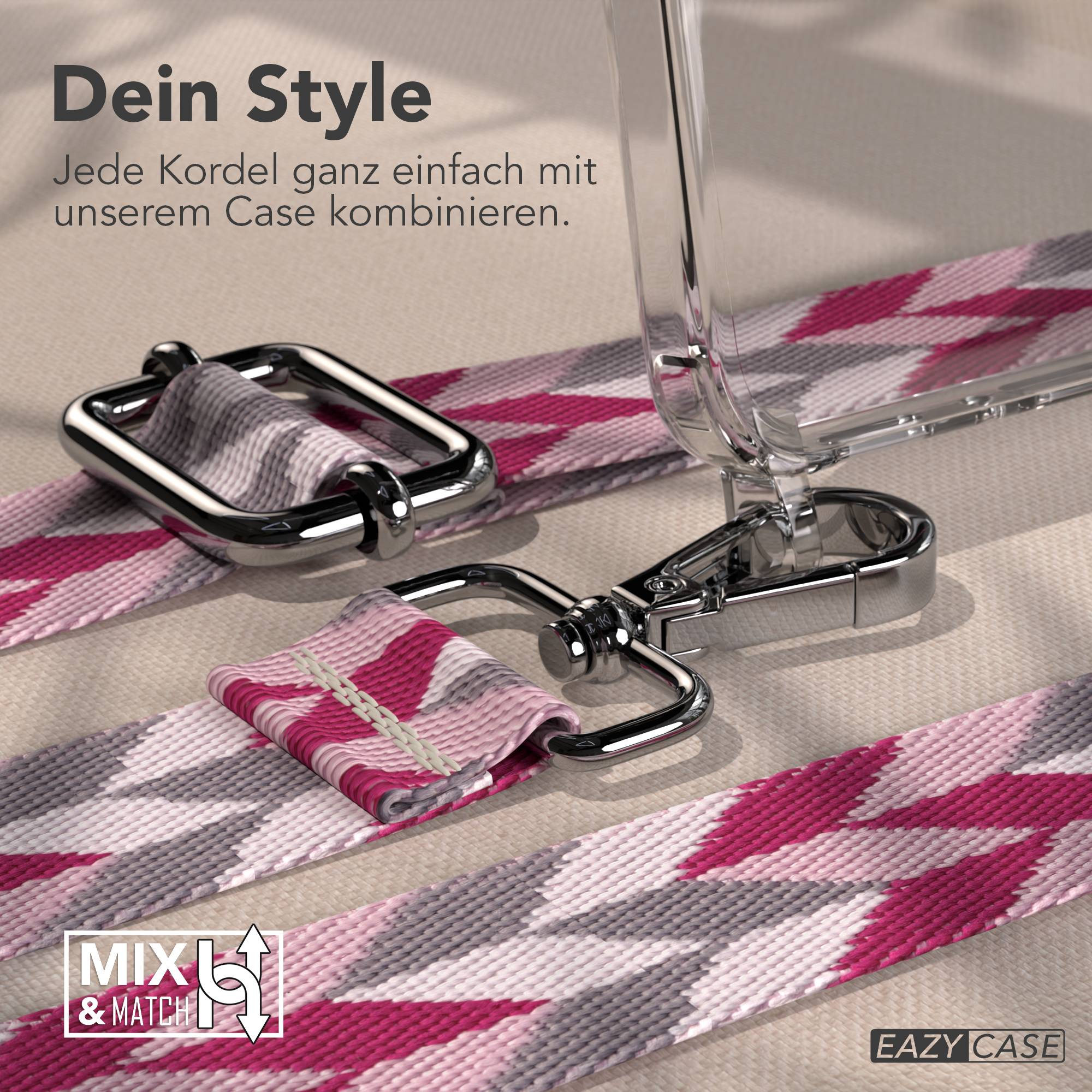 Eine Handykette mit rosa, grauem und weißem Zickzackmuster und silbernen Beschlägen.