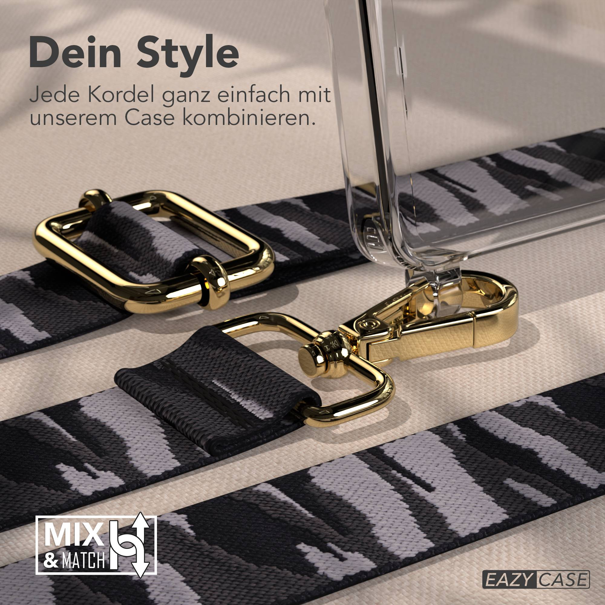 Transparente Handyhülle mit Kordel im Camouflage-Muster und goldenen Beschlägen.