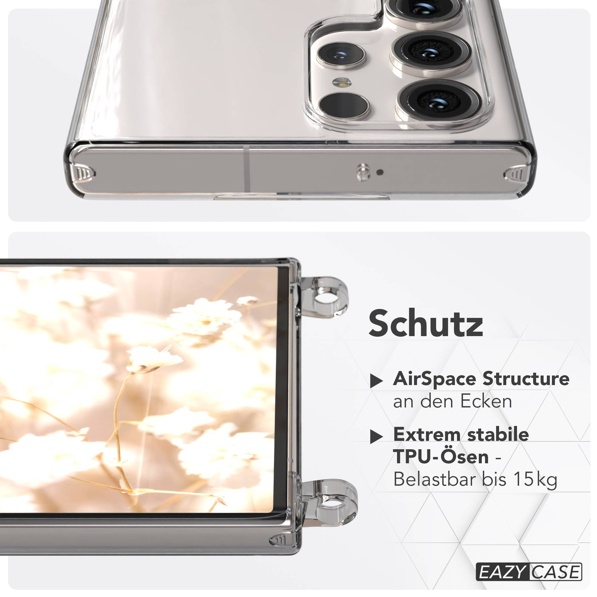 Klare Handyhülle mit Kameradetail und Text 'Schutz' und 'Eazy Case'.