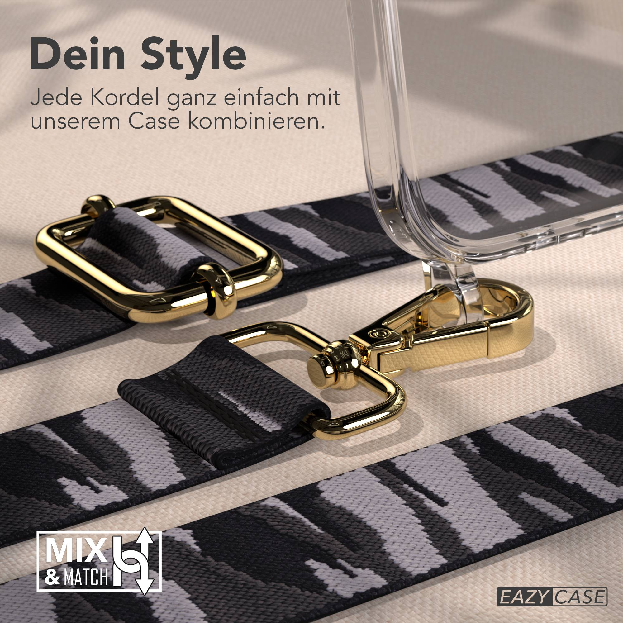 Graues und schwarzes Band mit goldenen Beschlägen für ein Handycase.