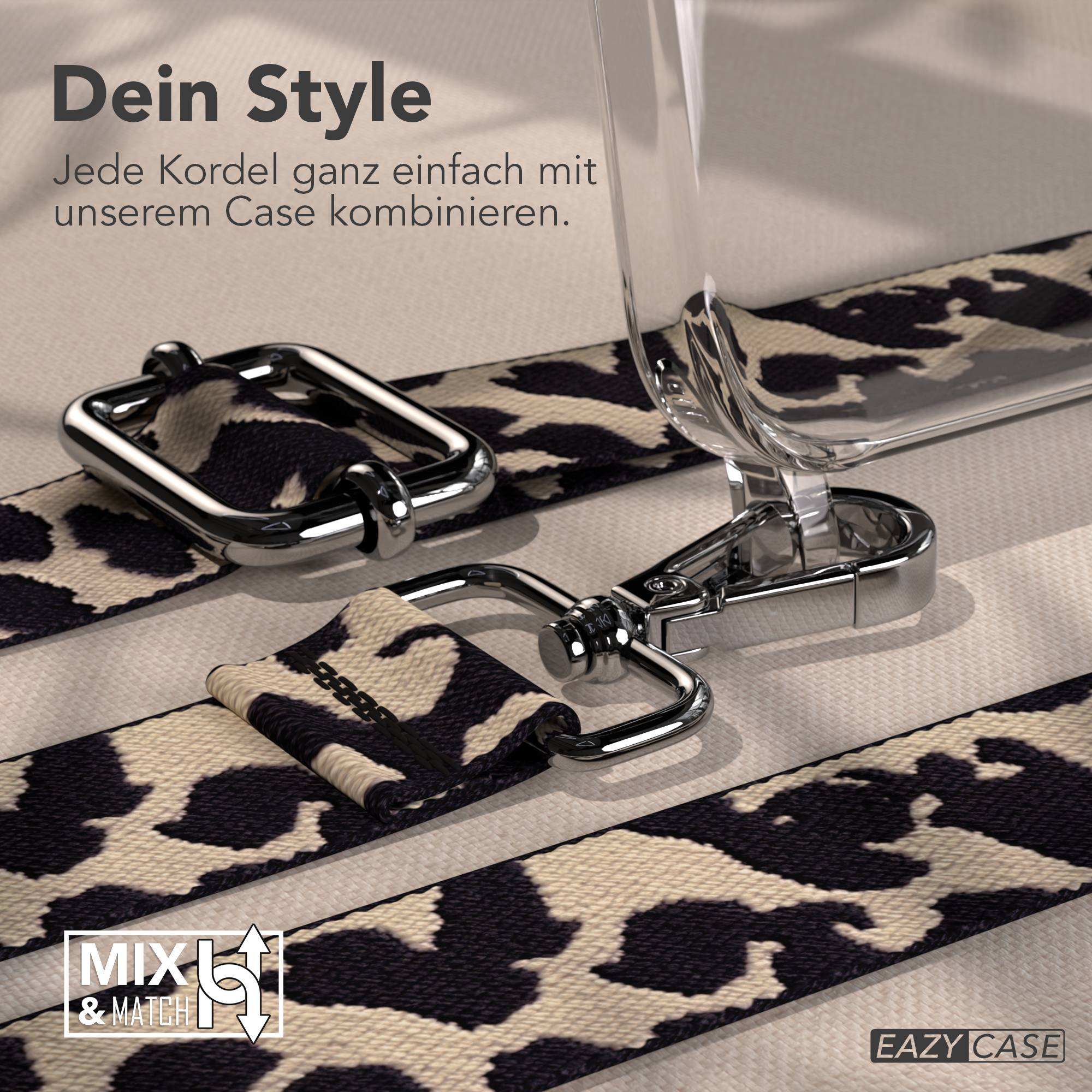 Leopardenmusterband mit Chrombeschlägen und einer klaren Handyhülle.