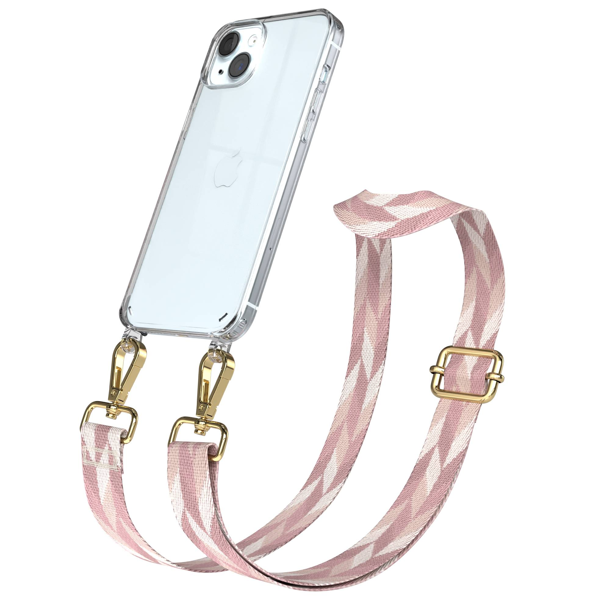 Klare Handyhülle mit pink-weiß gemustertem Riemen, befestigt mit goldenen Clips.