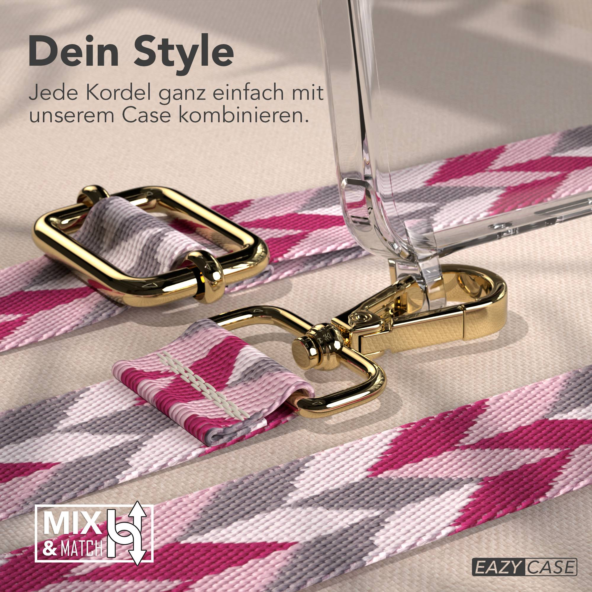 Ein Handyhülle mit einem Zopfmuster-Riemen und goldenen Beschlägen.