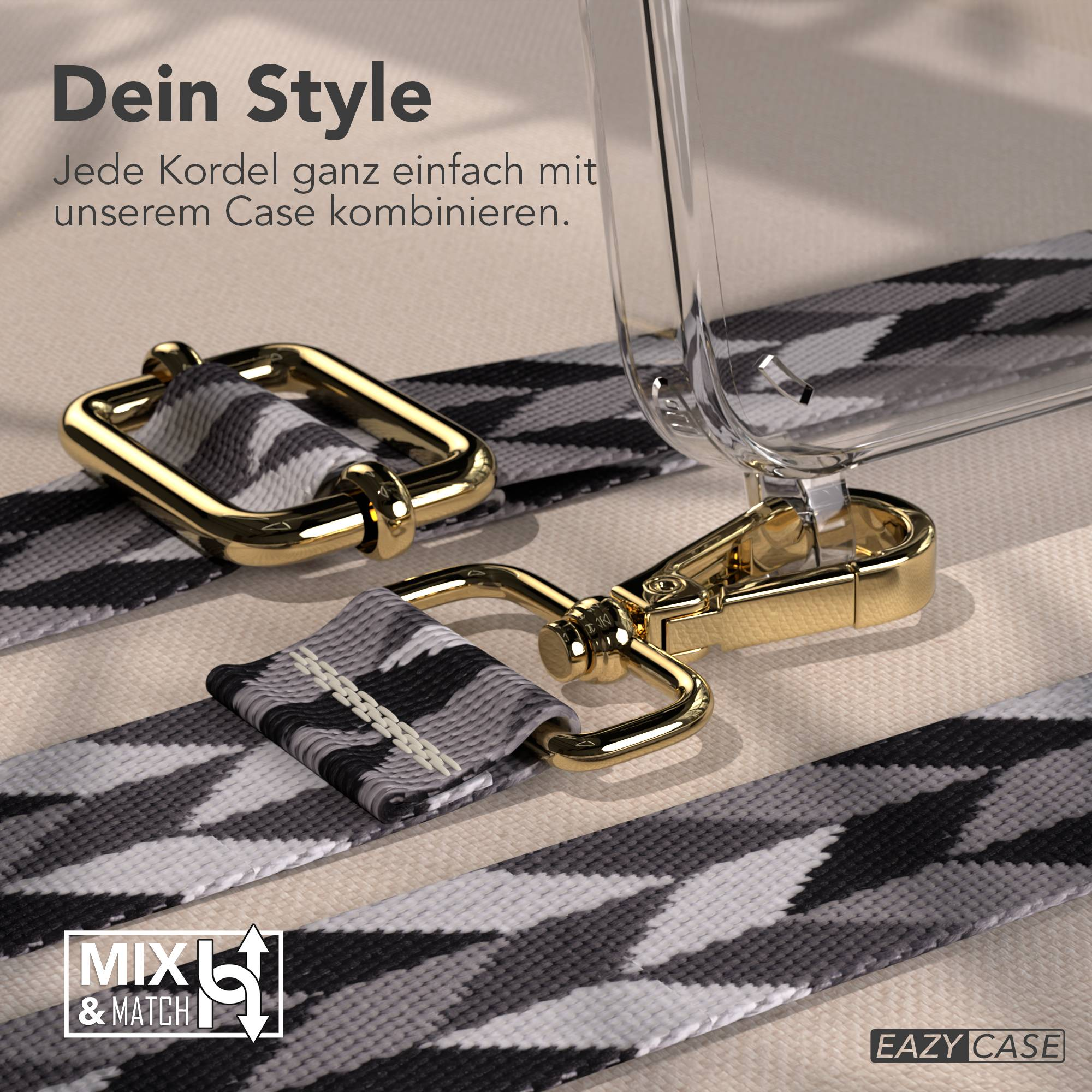 Ein Handyhülle mit einer Kordel mit grauem Muster und goldenen Beschlägen.