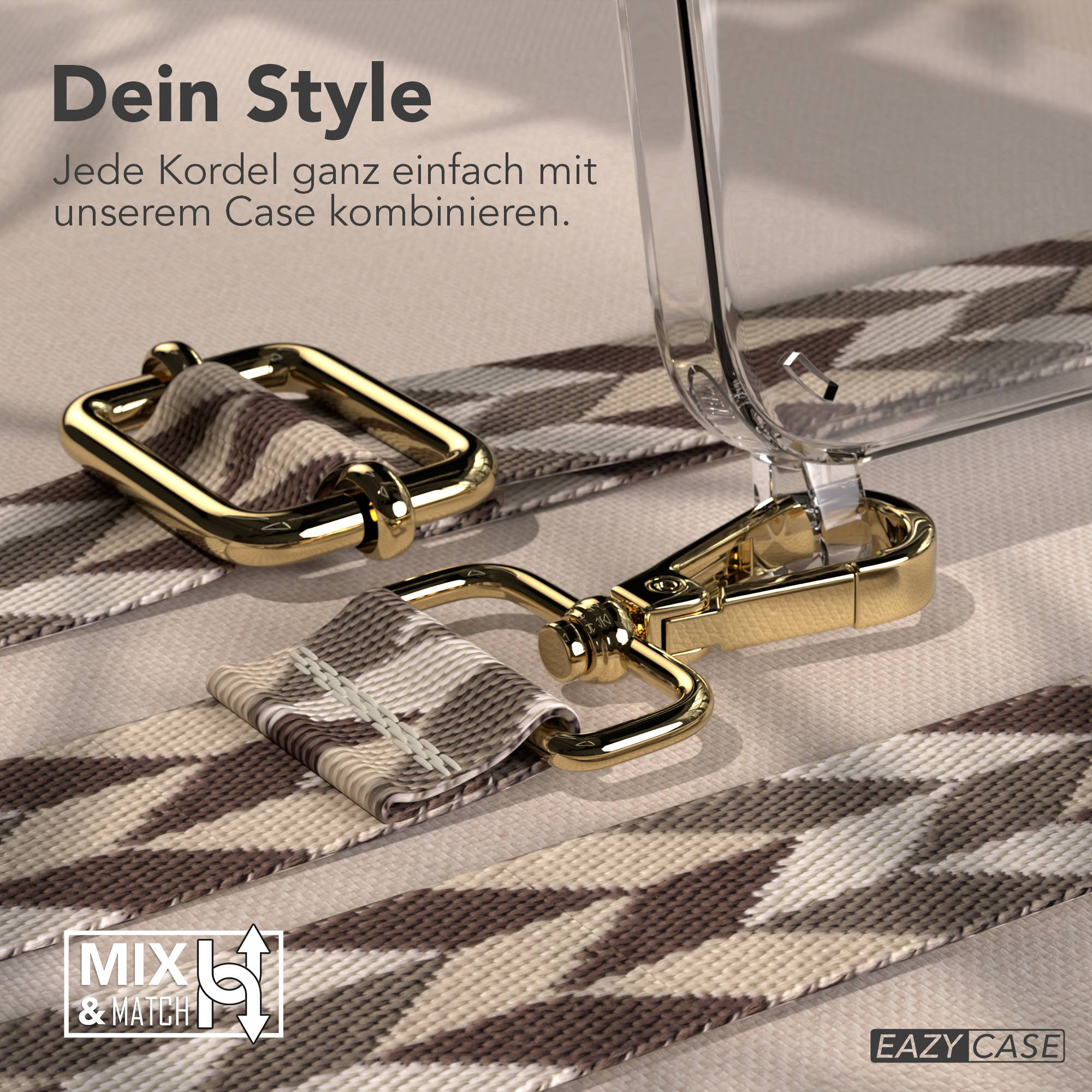 Goldene Schnalle an einem Riemen mit Muster, verbunden mit einem transparenten Handyhülle.