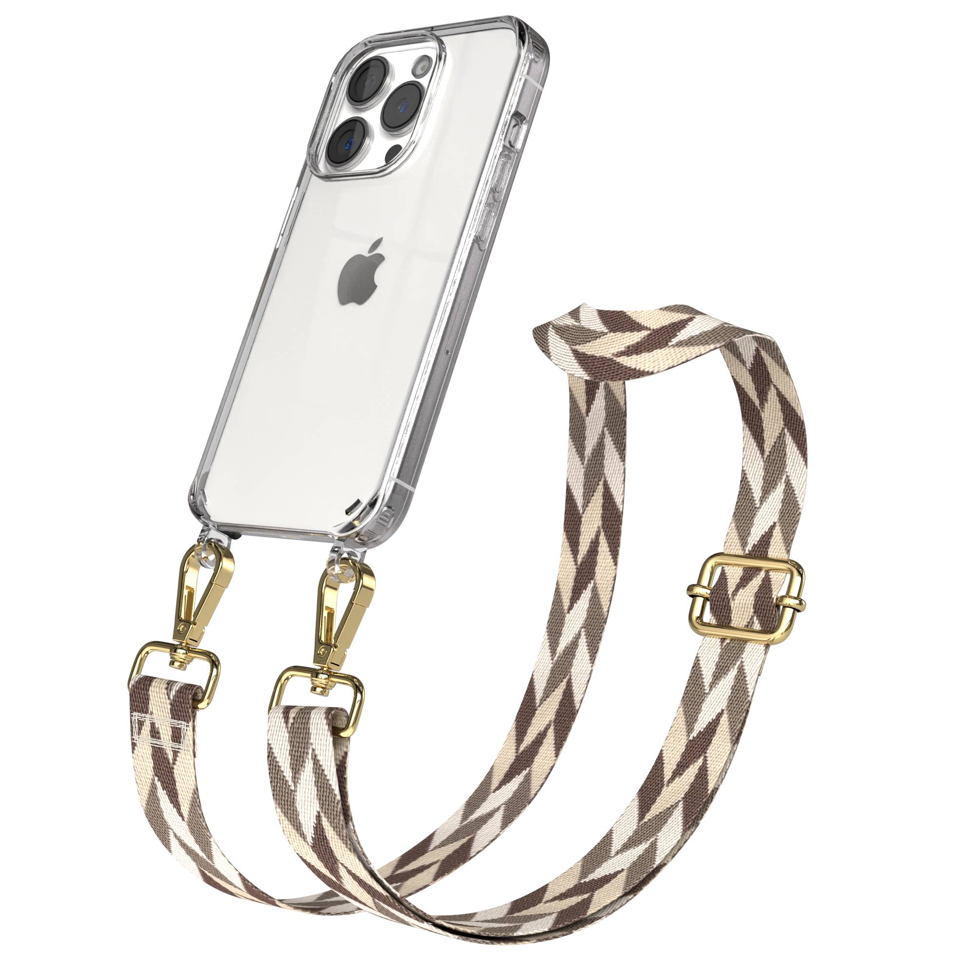 Ein durchsichtiges iPhone-Gehäuse mit einem gemusterten Riemen in Beige und Braun.
