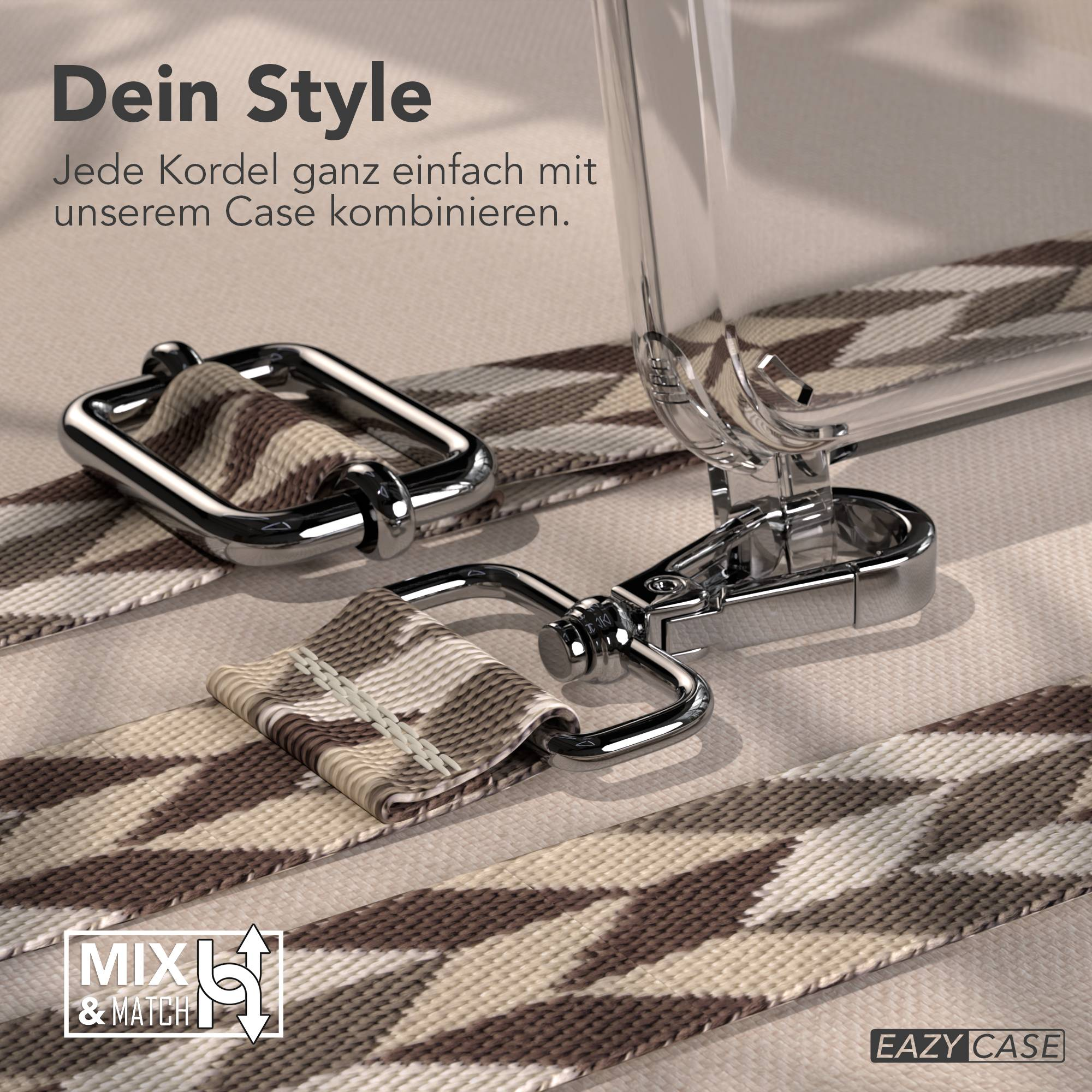 Nahaufnahme einer Handykette mit silbernen Beschlägen und einem gemusterten Band.