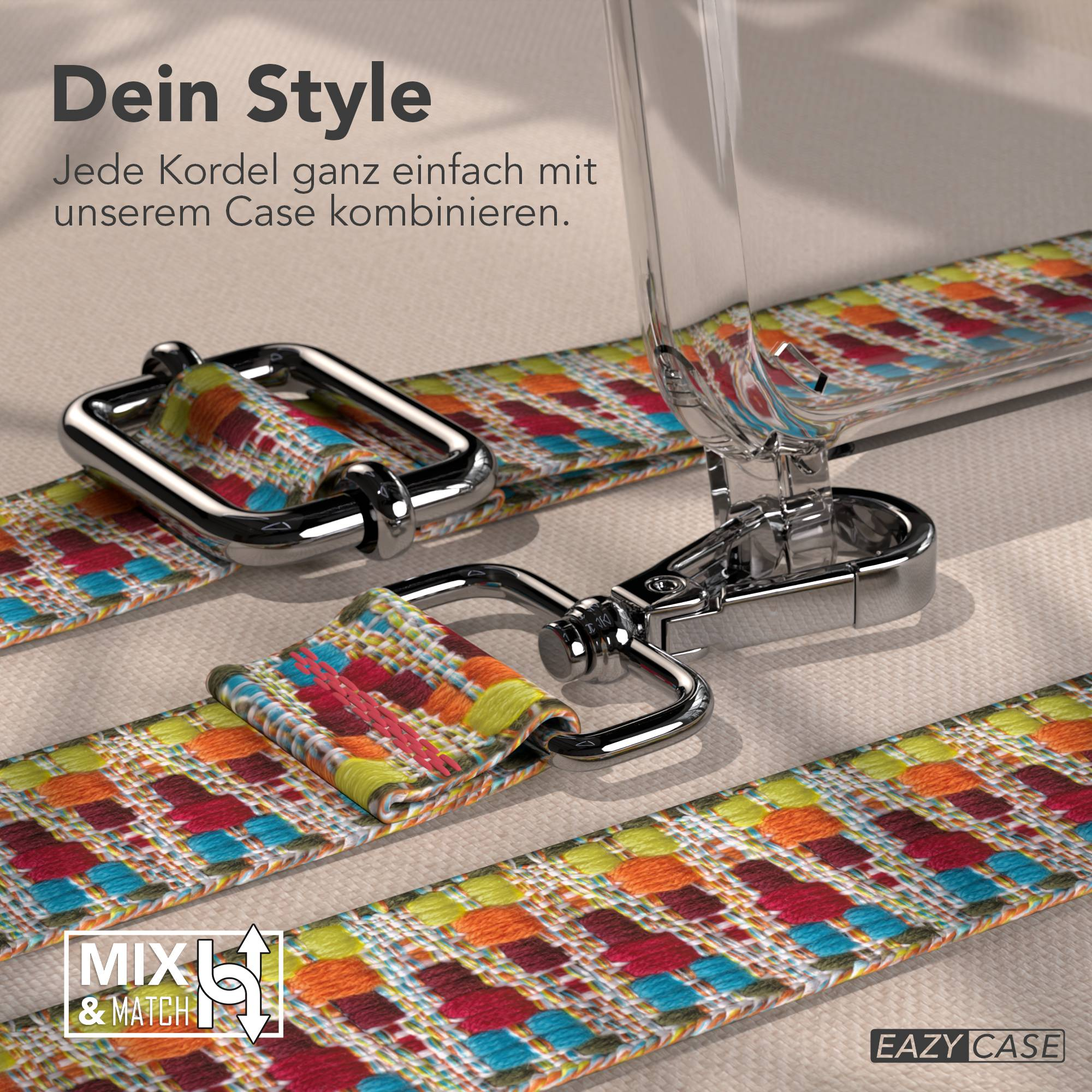 Buntes gewebtes Band mit Metallverschlüssen und Hülle.