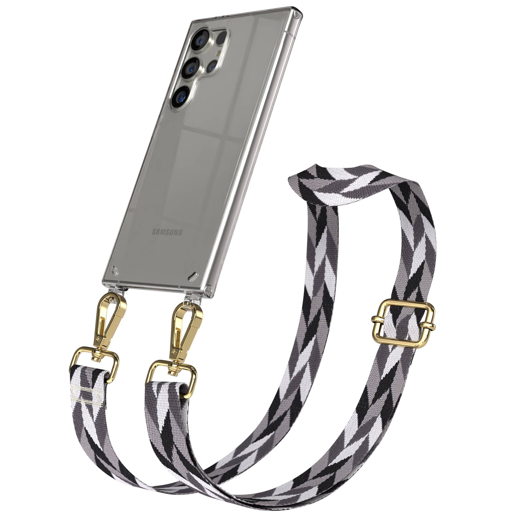 Ein silbernes Samsung-Smartphone mit transparentem Gehäuse und einem gemusterten Band.