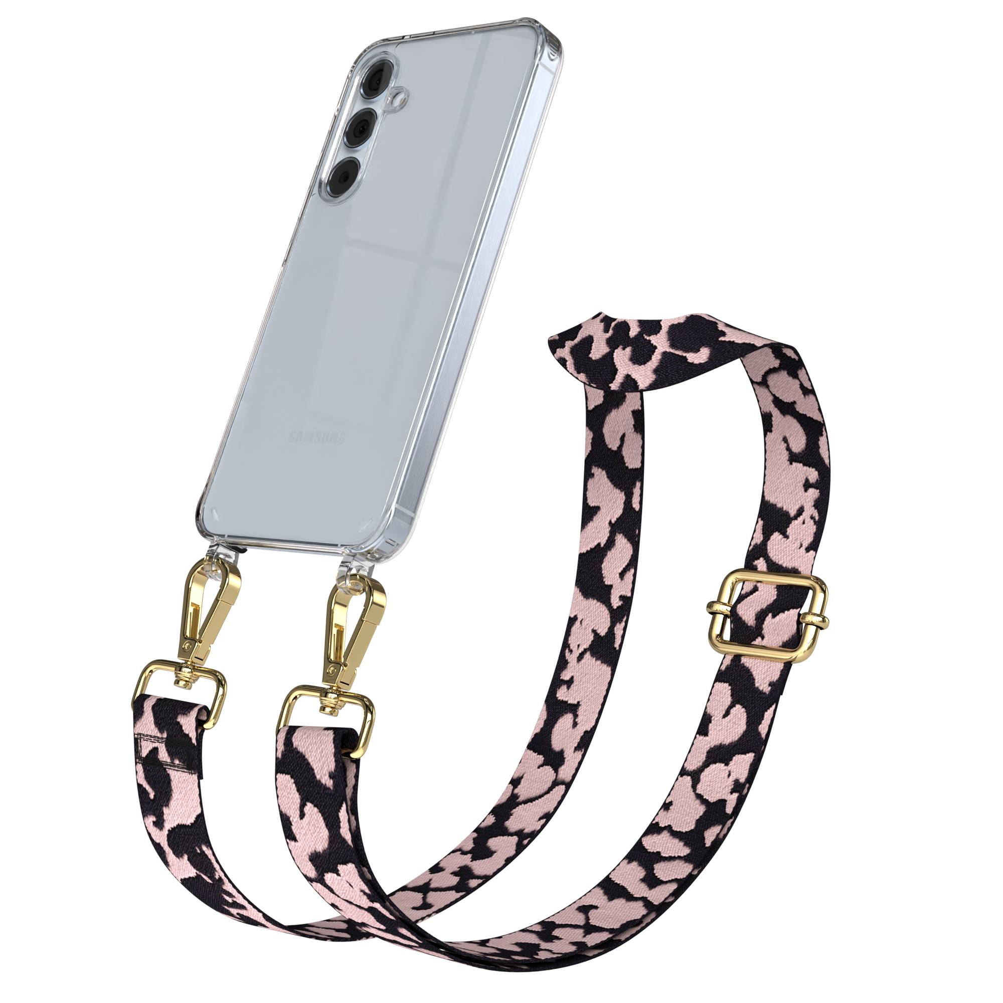 Eine durchsichtige Handyhülle mit Leo-Print-Gurt und goldener Hardware auf Weiß.