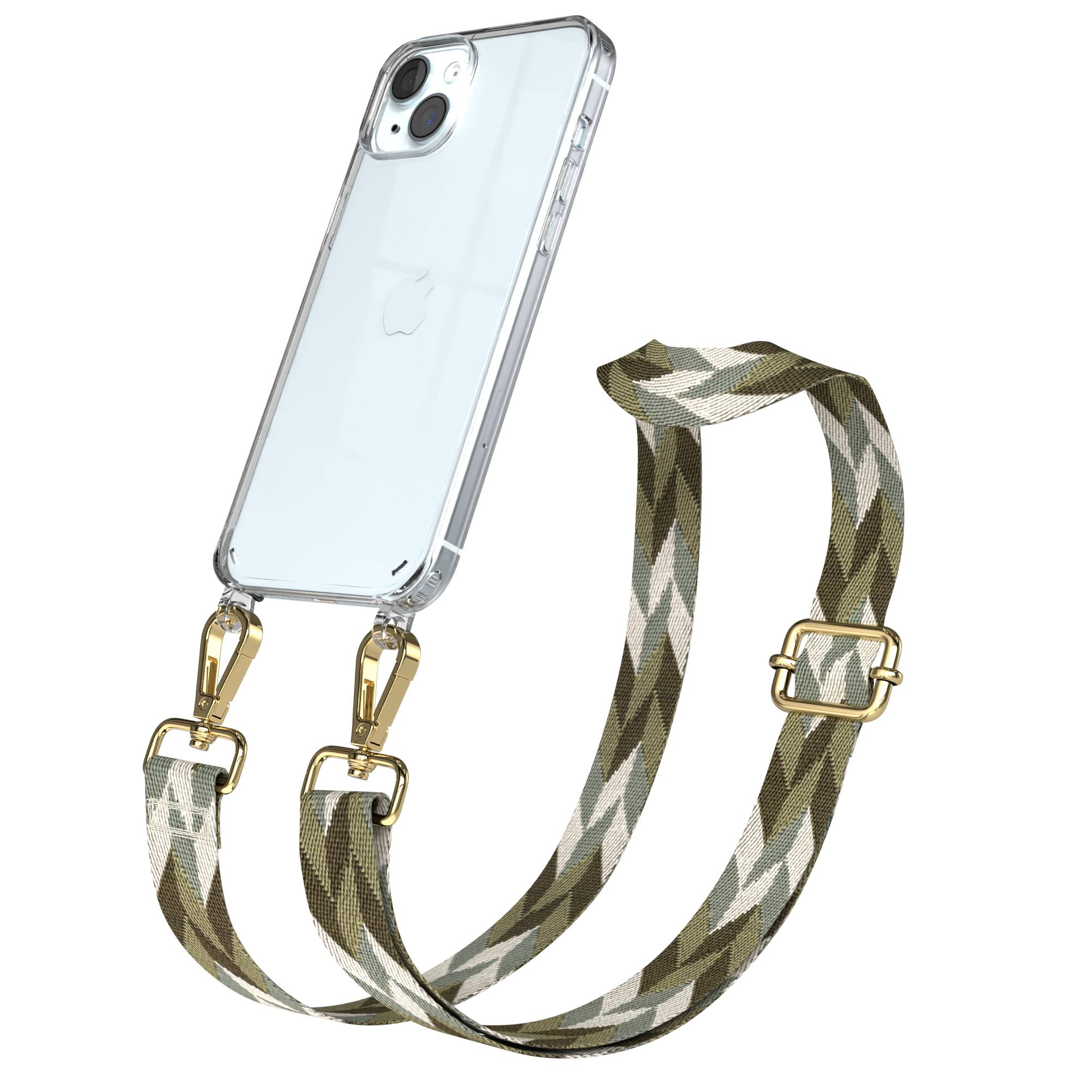 Transparente Handyhülle mit gemustertem Gurt in Grün, Weiß und Beige, befestigt mit goldenen Clips.