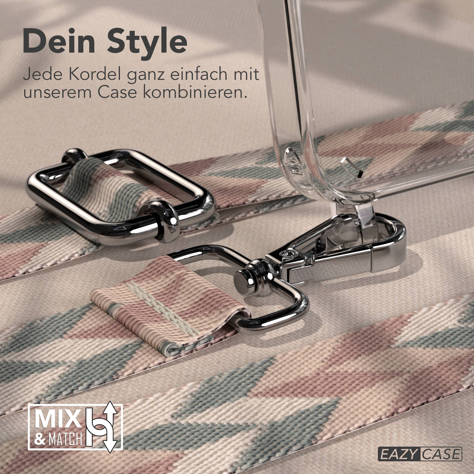 Ein durchsichtiger Handyhülle mit einem gemusterten Band und silbernen Clips.