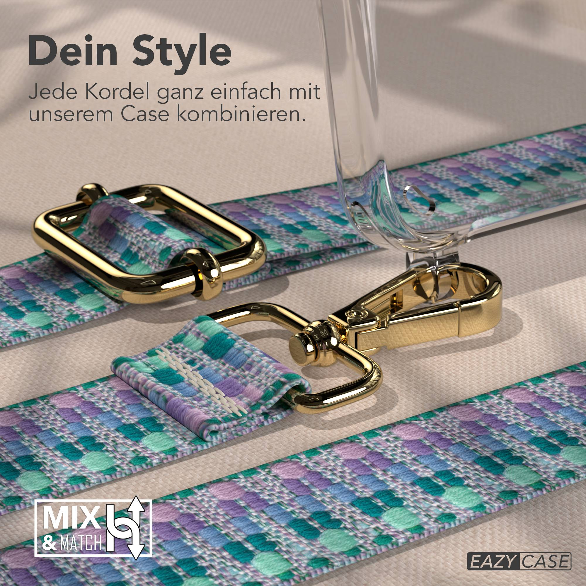 Goldene Karabinerhaken an einem gemusterten Band mit lila, blauen und grünen Akzenten.