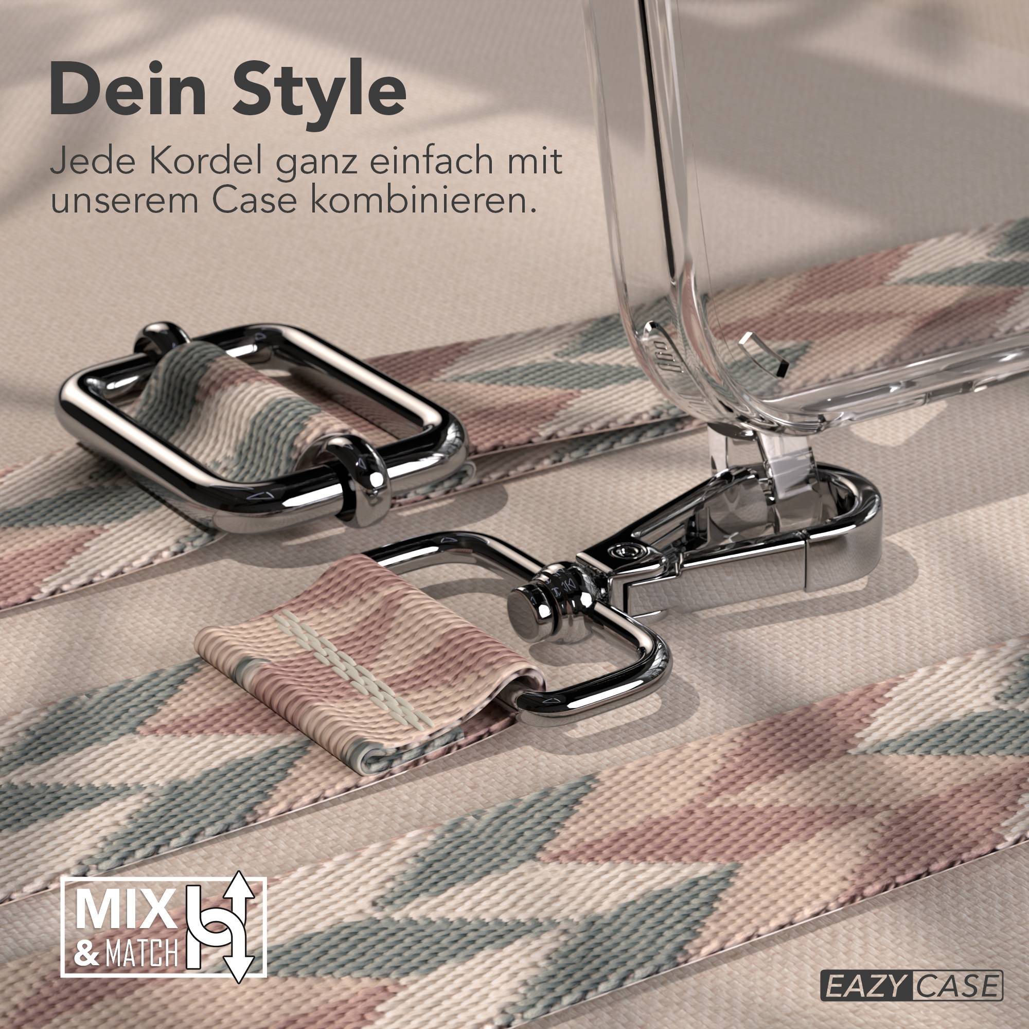 Ein durchsichtiger Handyhülle und ein Band mit geometrischem Muster.