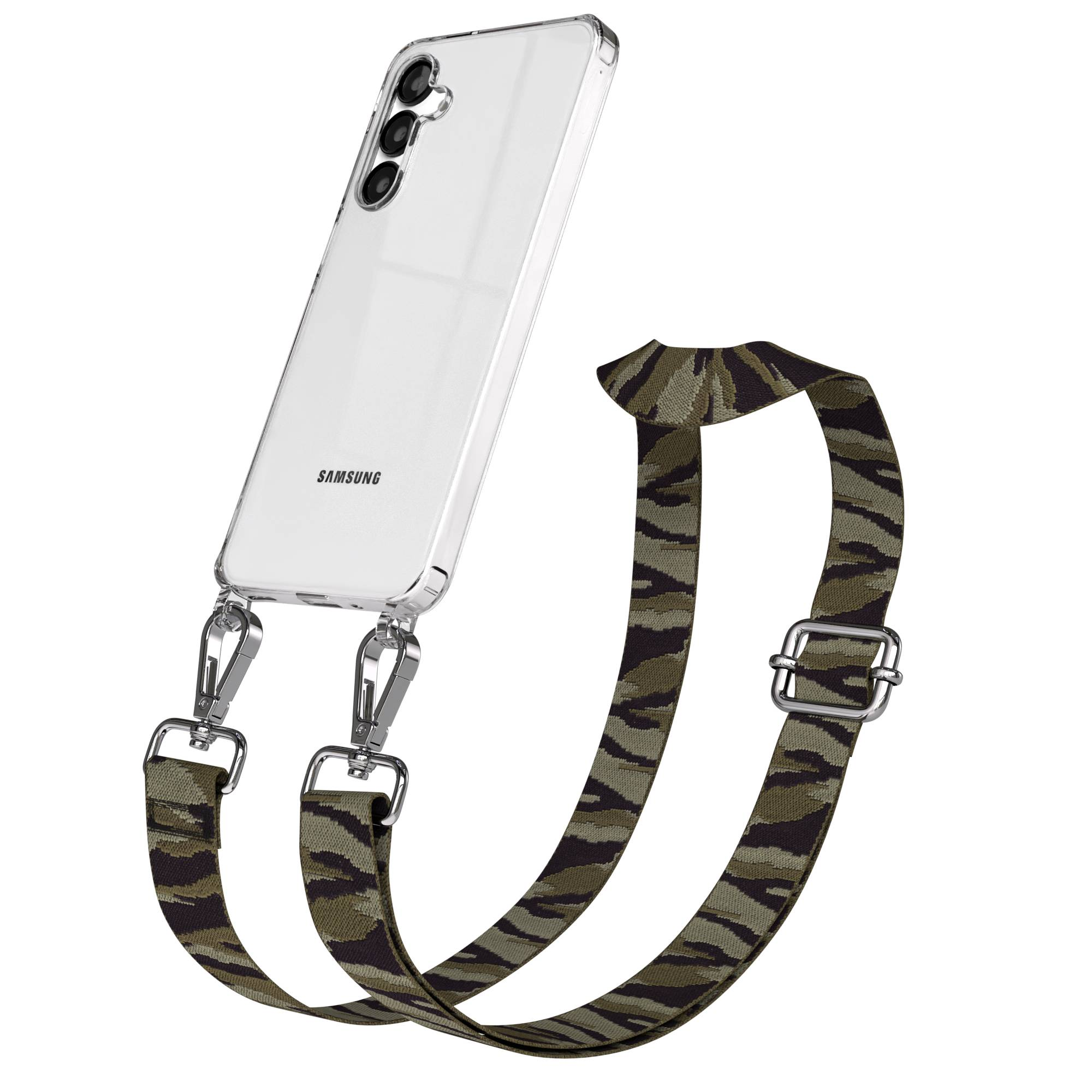 Ein transparentes Samsung-Handy mit Camouflage-Schultergurt und silbernen Beschlägen.