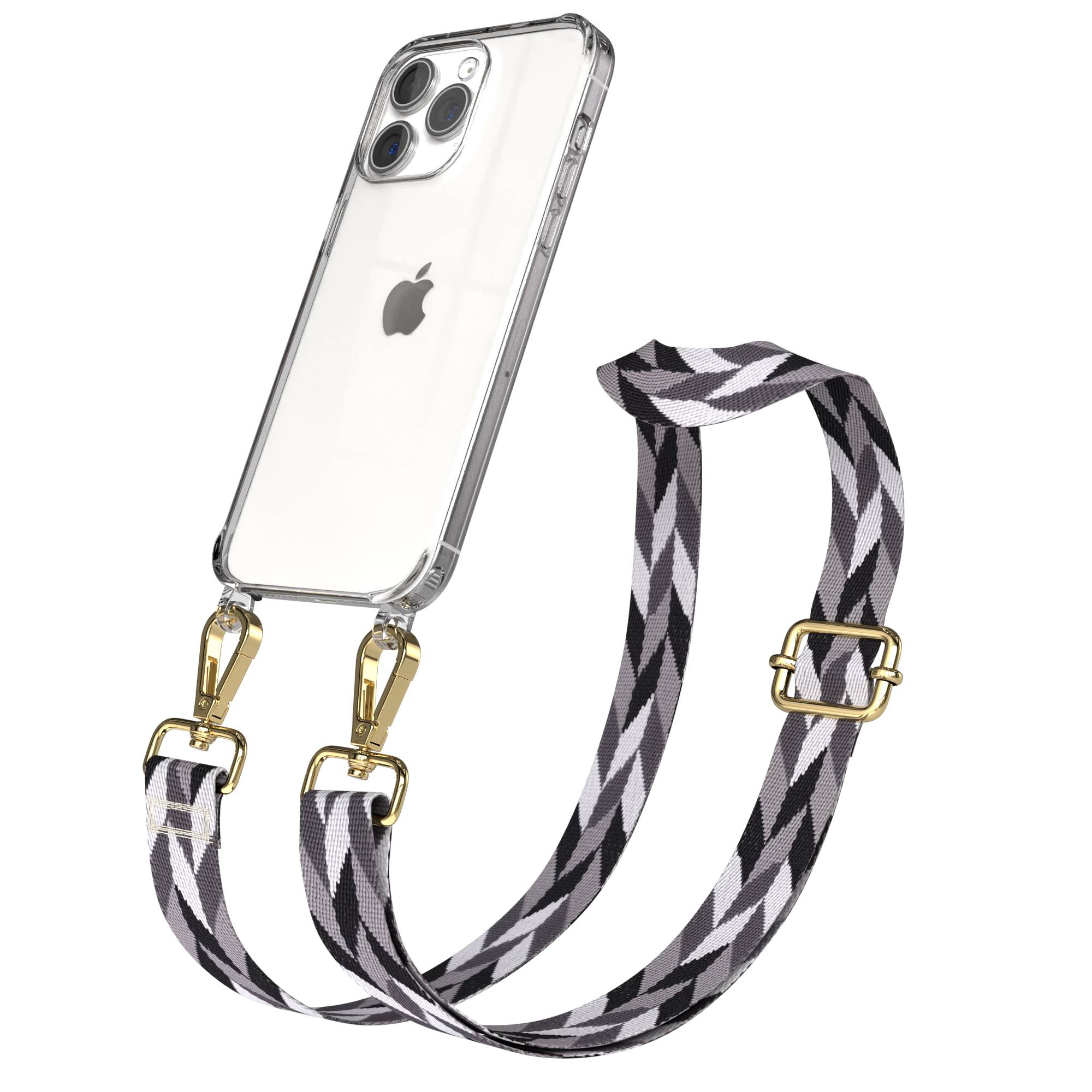 Ein durchsichtiges iPhone-Case mit einem schwarzen, grauen und weißen Gurt.