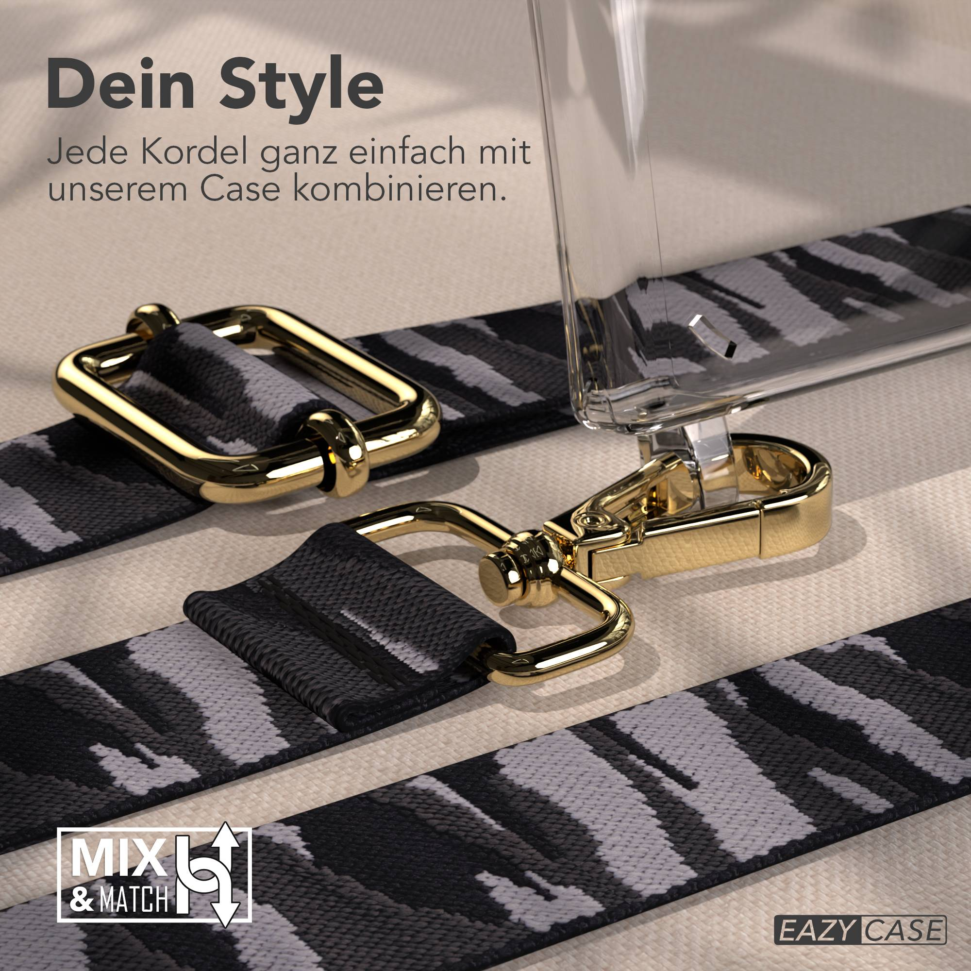 Ein schwarzes und graues Band mit goldenen Verschlüssen und einem transparenten Handyhülle.