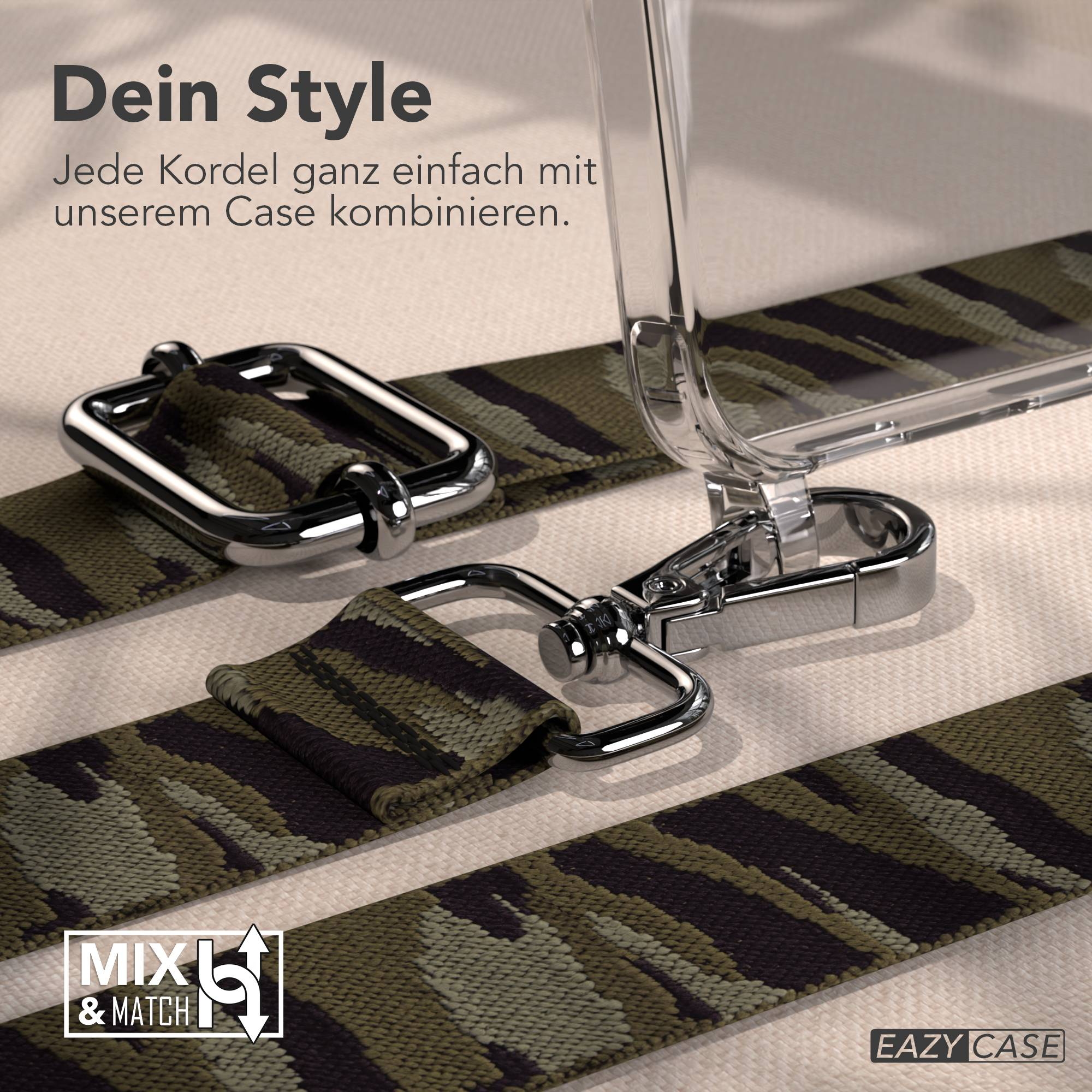 Nahaufnahme eines Camouflage-Riemens mit Metallclips an einer durchsichtigen Handyhülle.