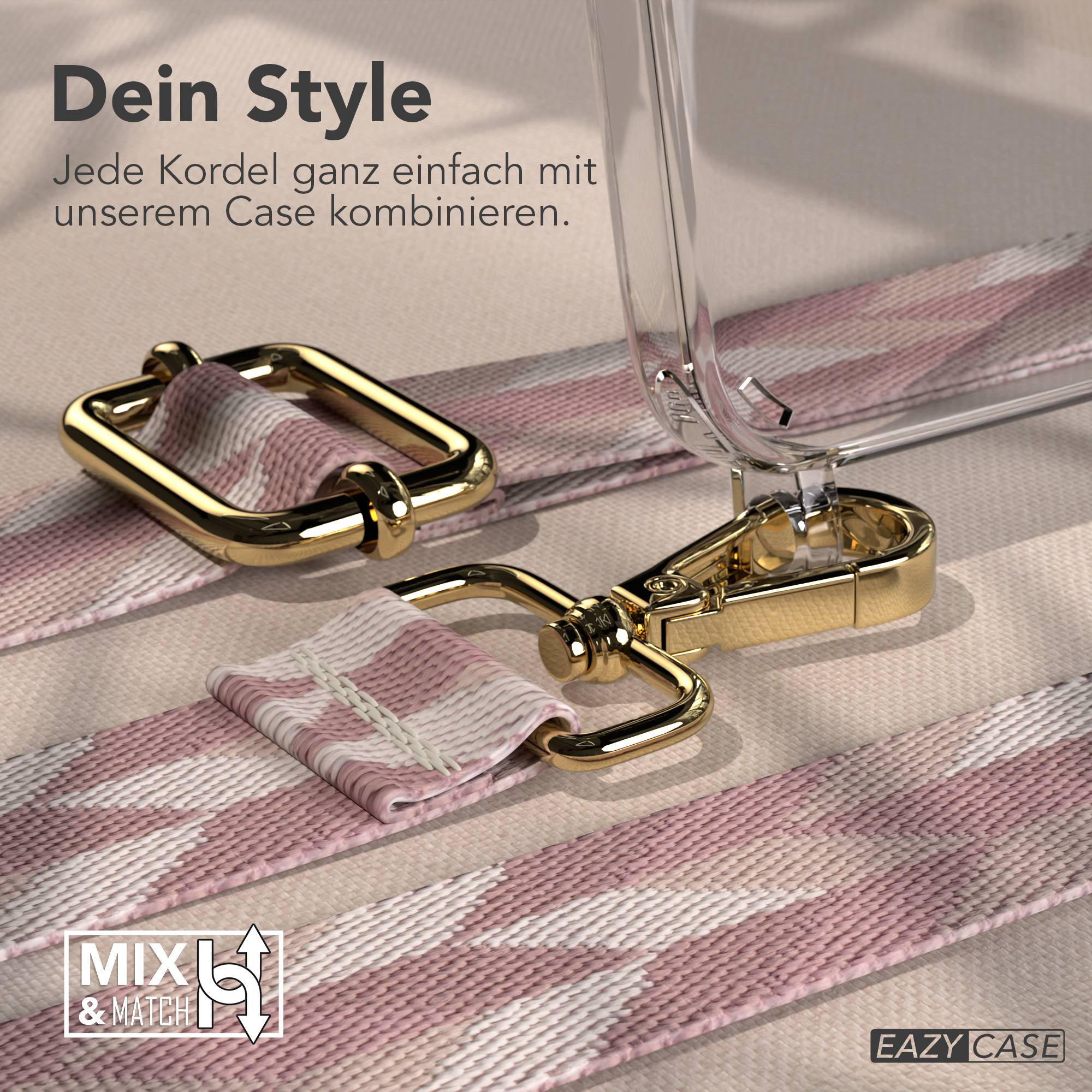 Goldene Verschlüsse befestigen ein rosa-weiß gemustertes Band an einer Hülle.