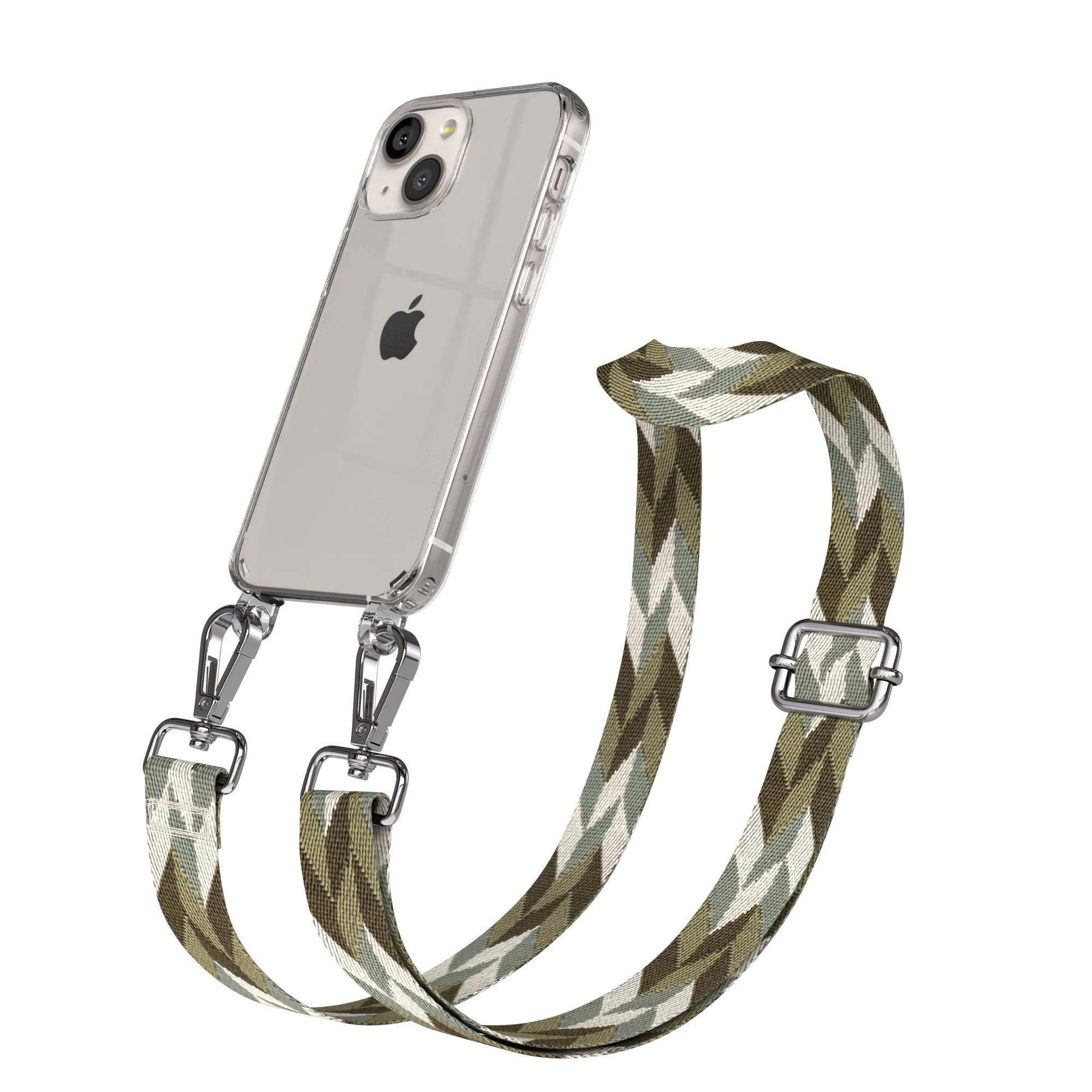 Ein transparentes iPhone-Gehäuse mit einem Camouflage-Gurt und silbernen Clips.