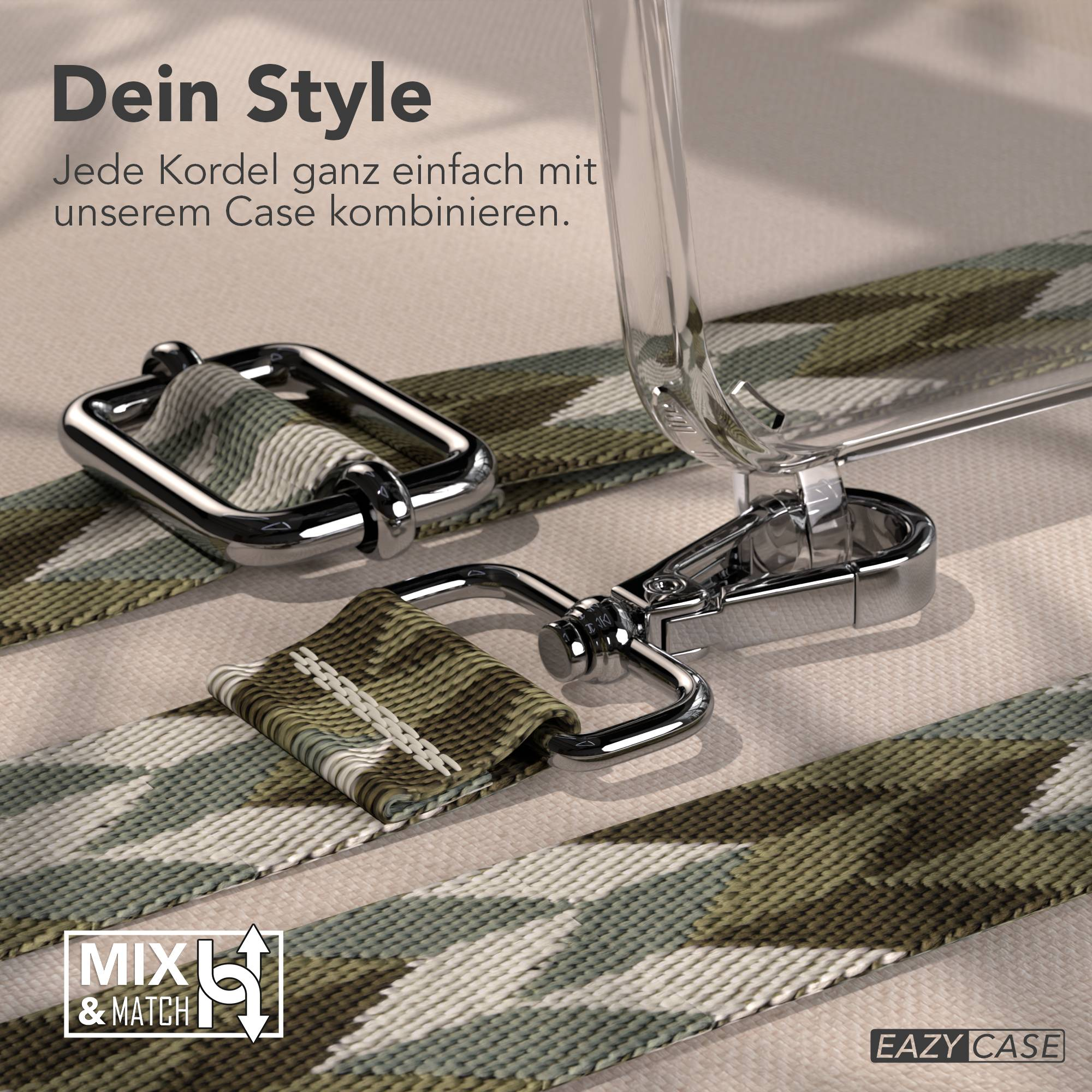 Camouflage-Musterband mit silbernen Schnallen und transparentem Hülle.