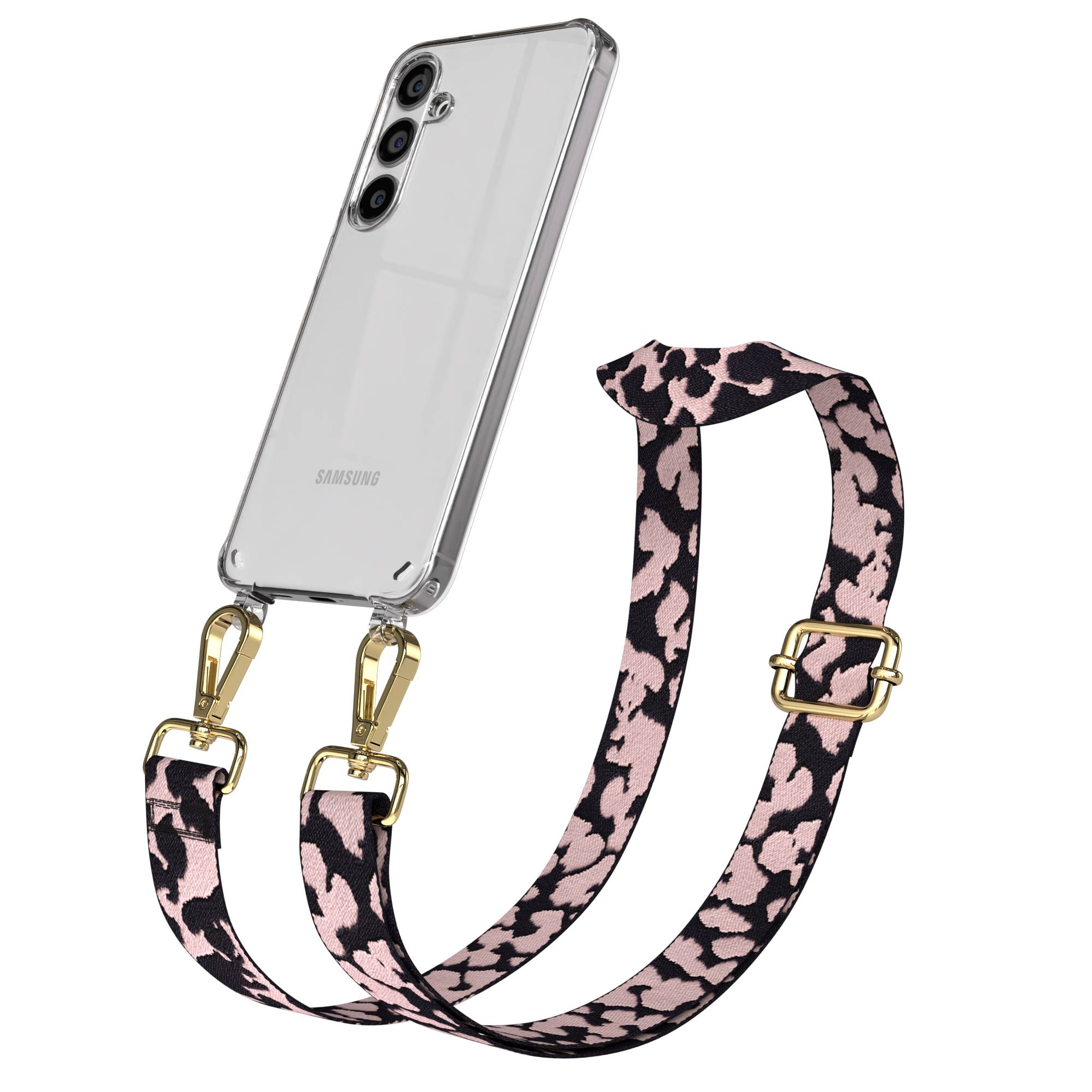 Ein Samsung-Smartphone in einer transparenten Hülle mit einem Leopardenmuster-Riemen.