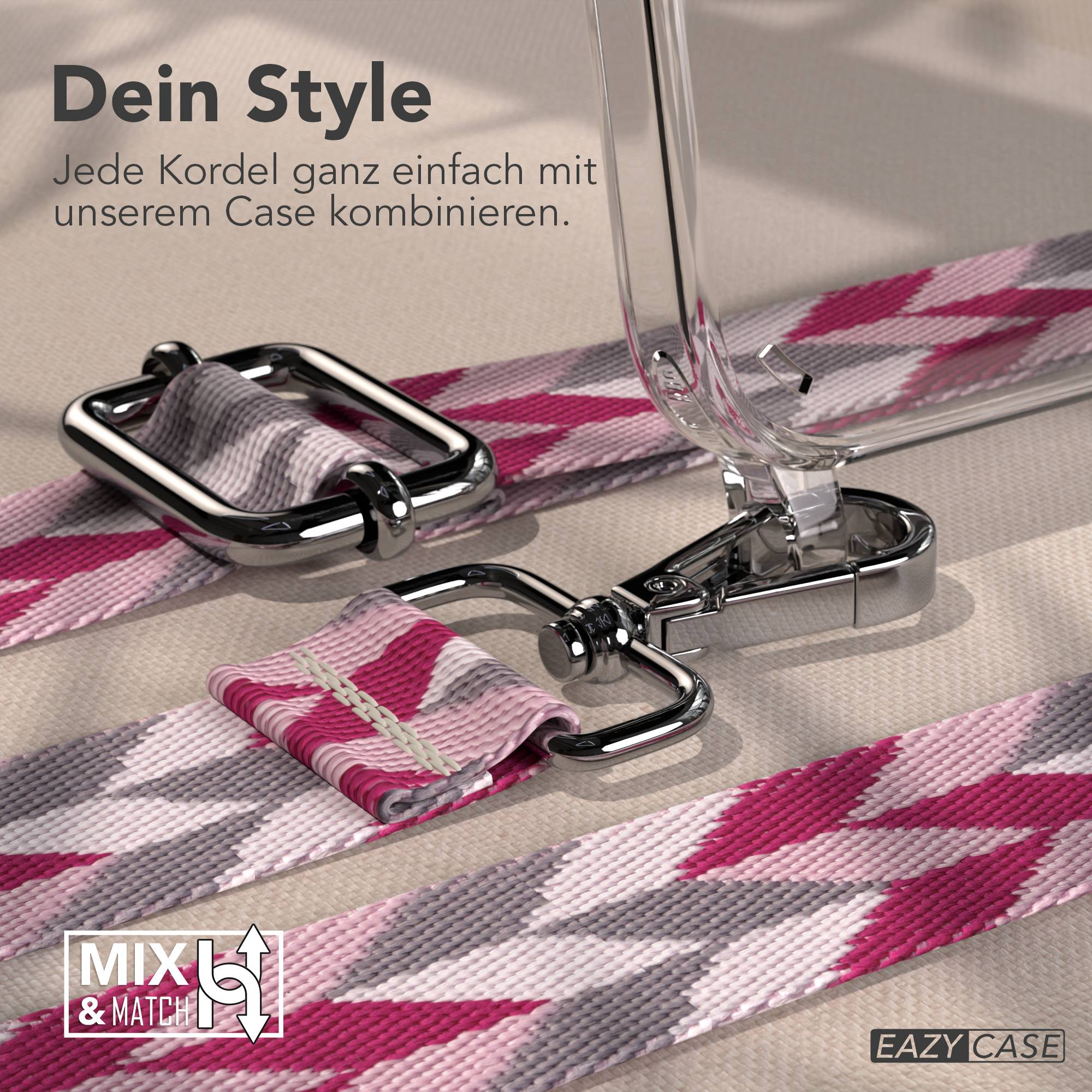 Ein durchsichtiger Handyhülle mit einem Band mit Zickzackmuster in Rosa und Grau.