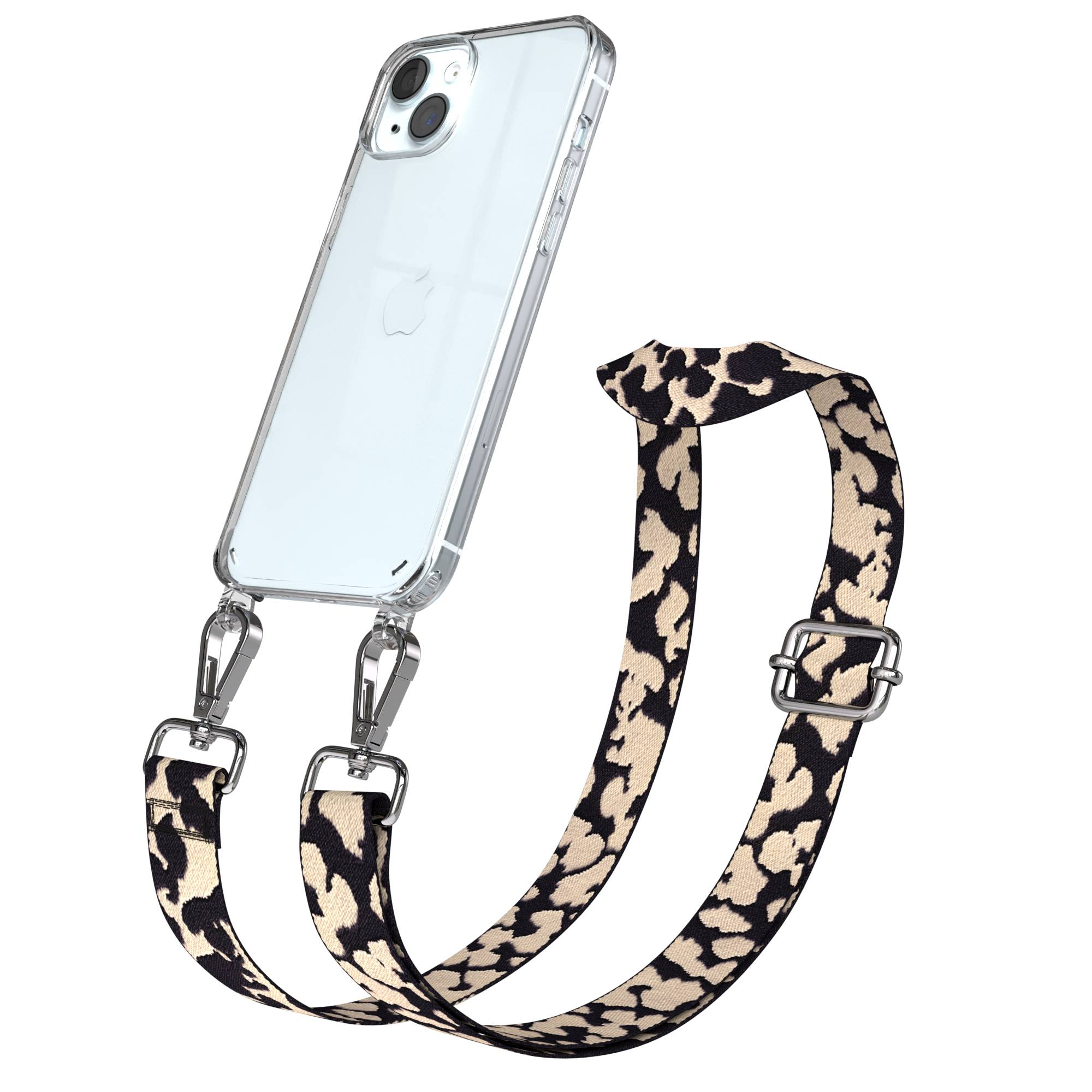 Ein durchsichtiges iPhone mit Leopardenmuster-Trageband und silbernen Clips.